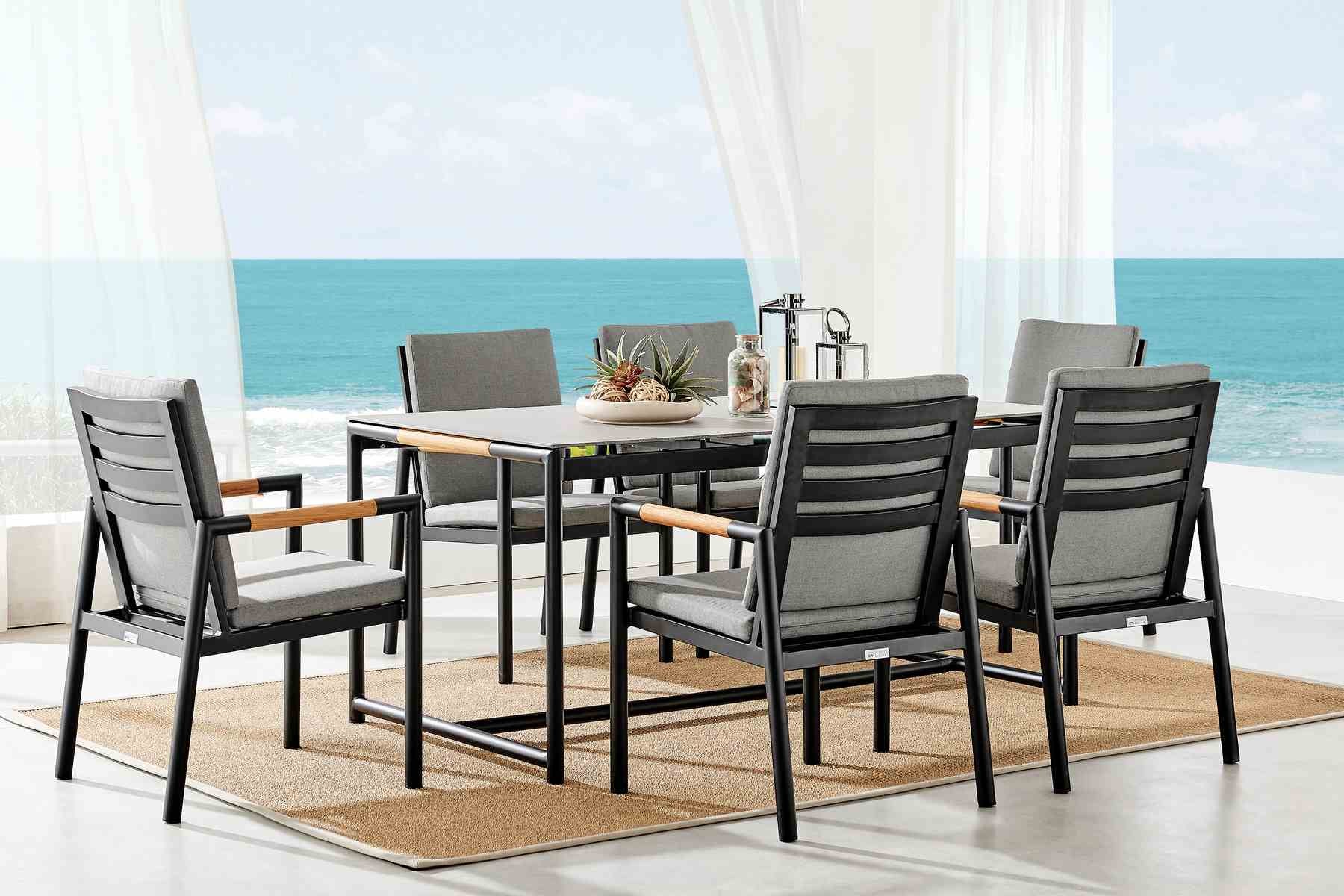 Crown 7 Piece Black Aluminum and Teak Outdoor Dining Set with Dark Gray Fabric - Image 9