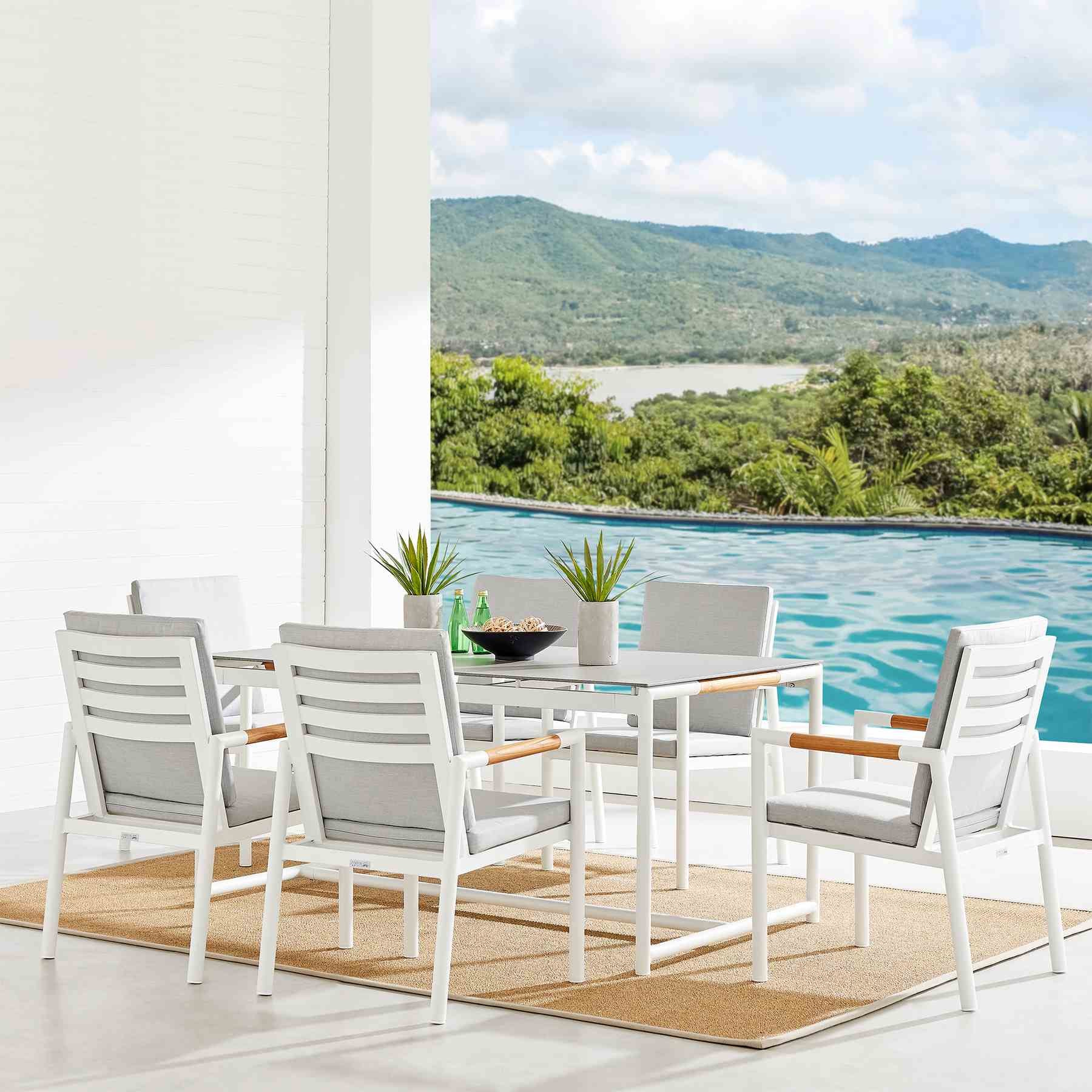 Crown 7 Piece White Aluminum and Teak Outdoor Dining Set with Light Gray Fabric - Image 9