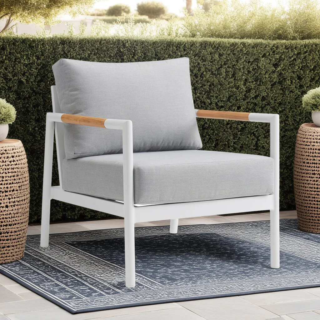 Crown Aluminum and Teak Wood Outdoor Chair in White and Gray - Image 4