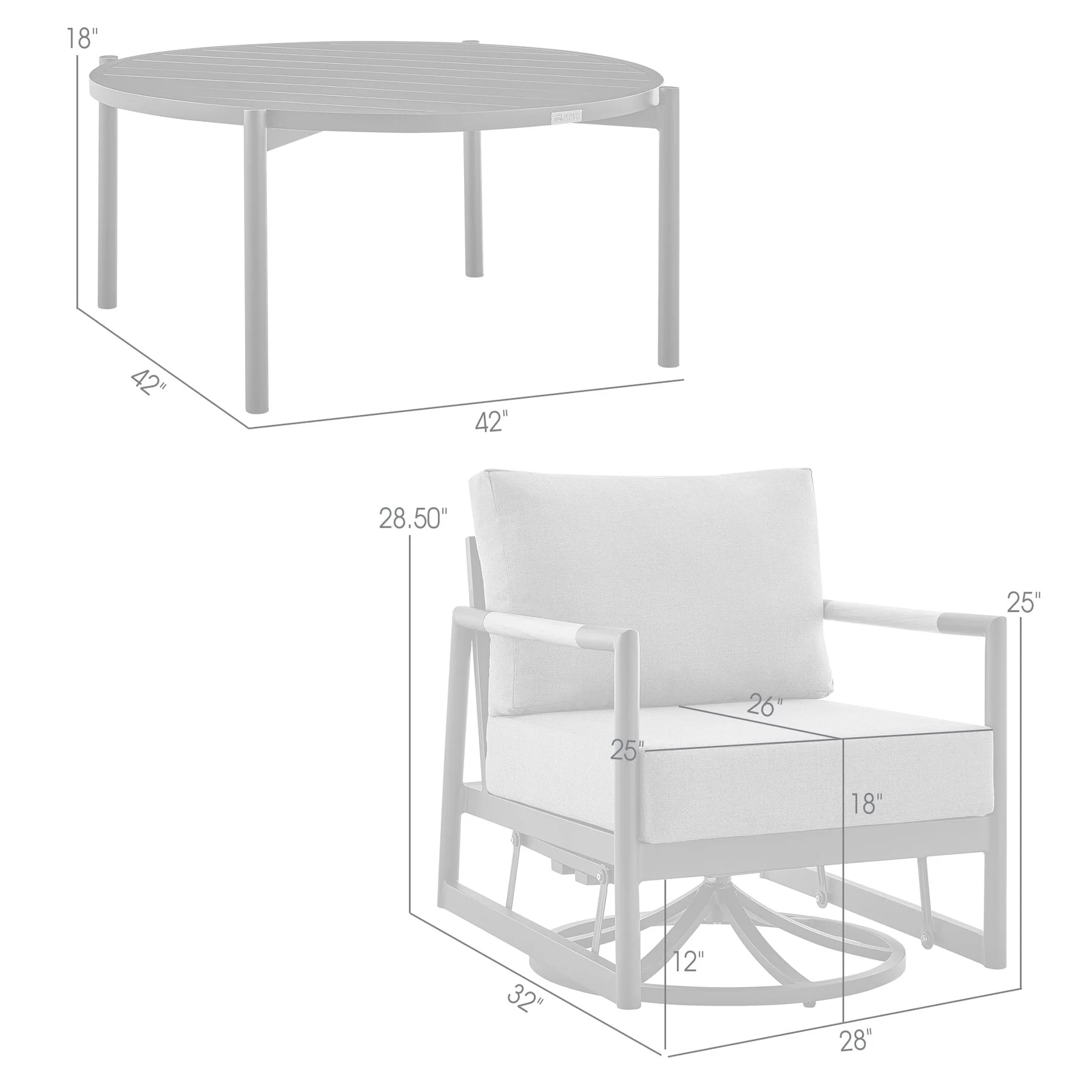 Crown and Clementine 3 Piece Outdoor Patio Swivel Seating Set in Black Aluminum with Teak Wood and Gray Cushions - Image 12