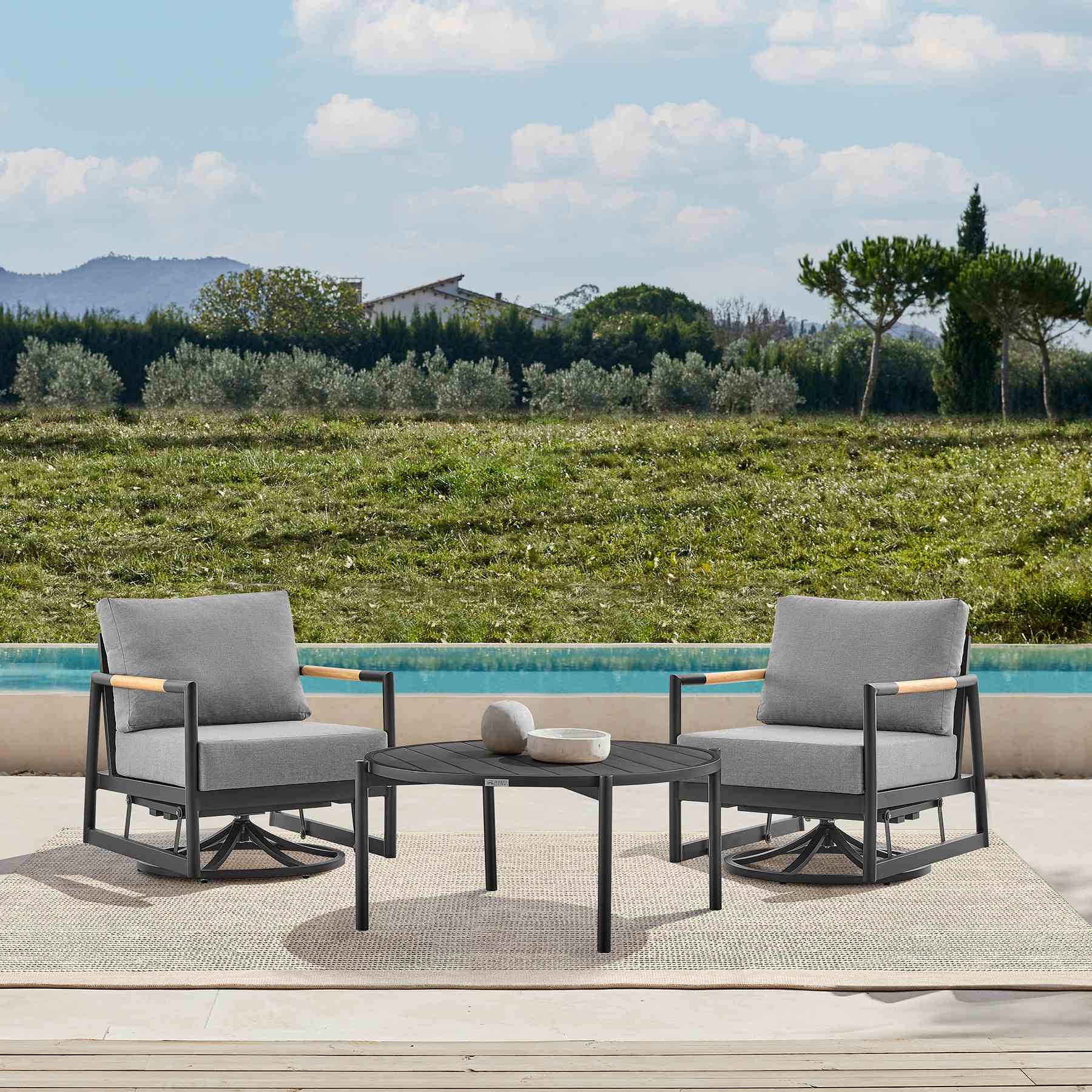 Crown and Clementine 3 Piece Outdoor Patio Swivel Seating Set in Black Aluminum with Teak Wood and Gray Cushions - Image 13