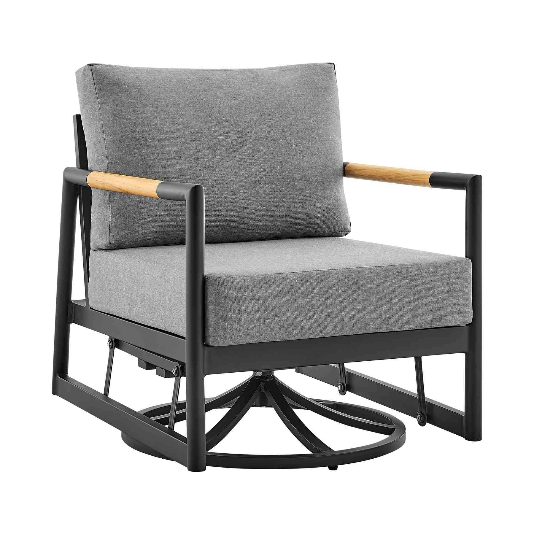 Crown and Clementine 3 Piece Outdoor Patio Swivel Seating Set in Black Aluminum with Teak Wood and Gray Cushions - Image 2