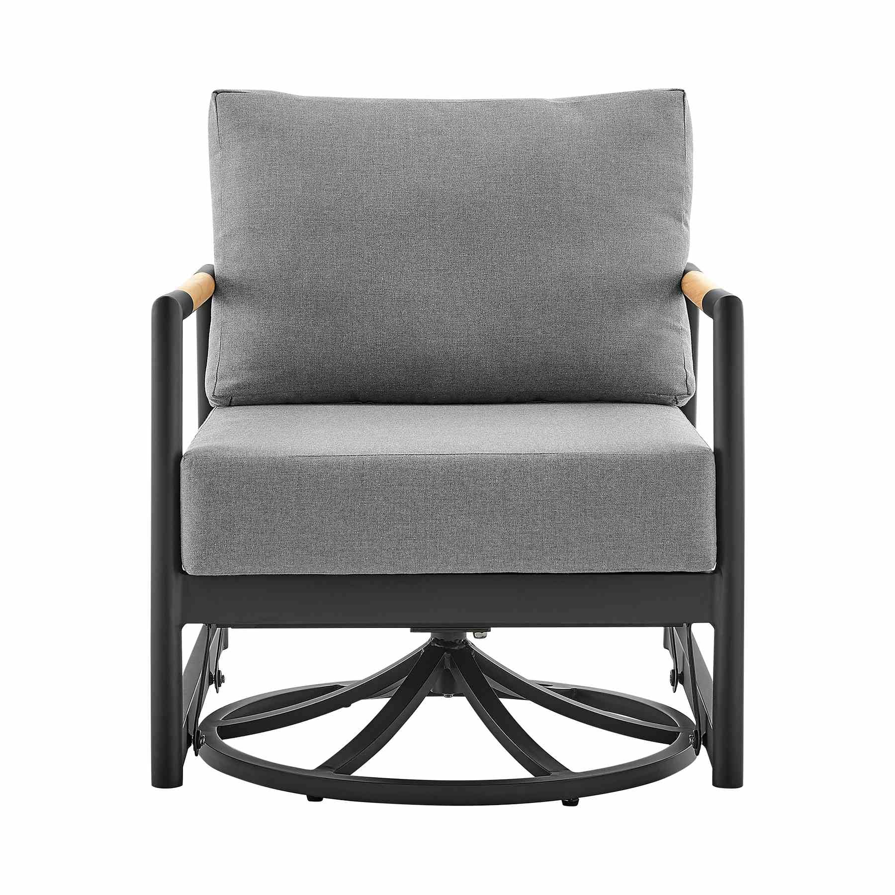 Crown and Clementine 3 Piece Outdoor Patio Swivel Seating Set in Black Aluminum with Teak Wood and Gray Cushions - Image 3