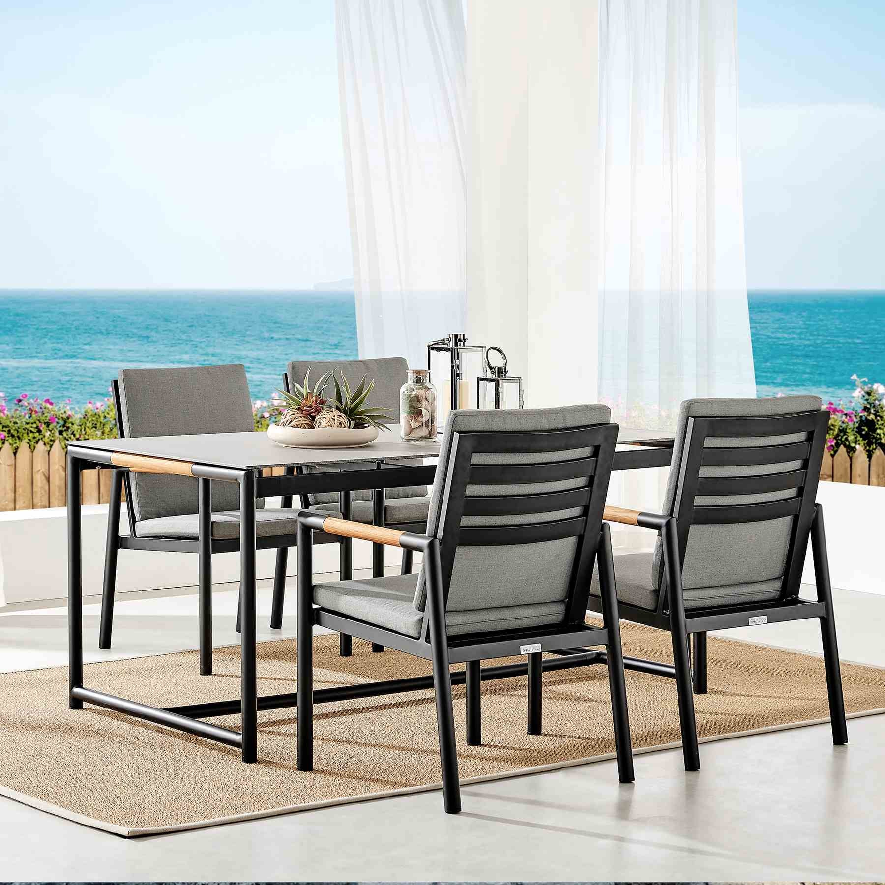 Crown Black Aluminum and Teak Outdoor Dining Chair with Dark Gray Fabric - Set of 2 - Image 10