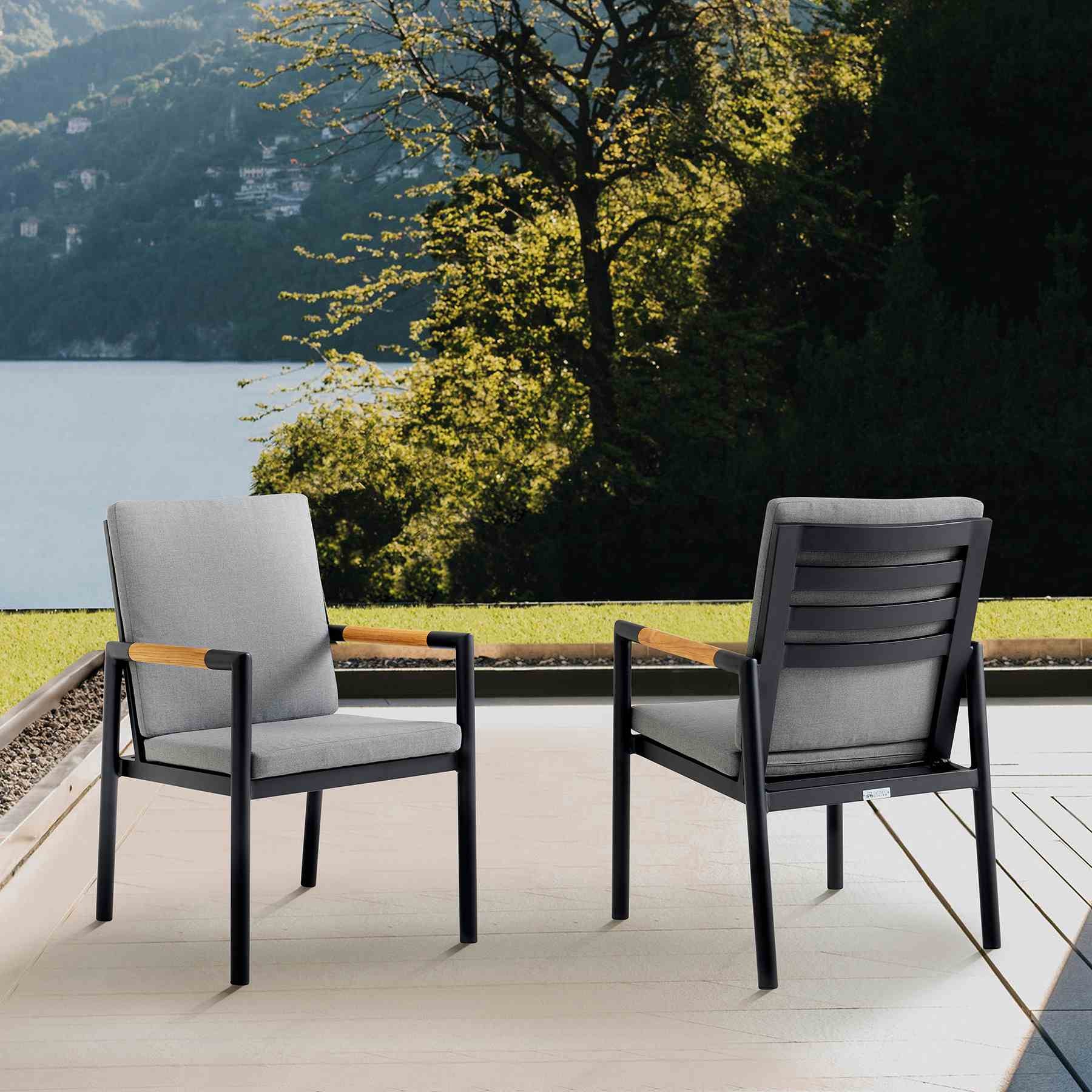 Crown Black Aluminum and Teak Outdoor Dining Chair with Dark Gray Fabric - Set of 2 - Image 9