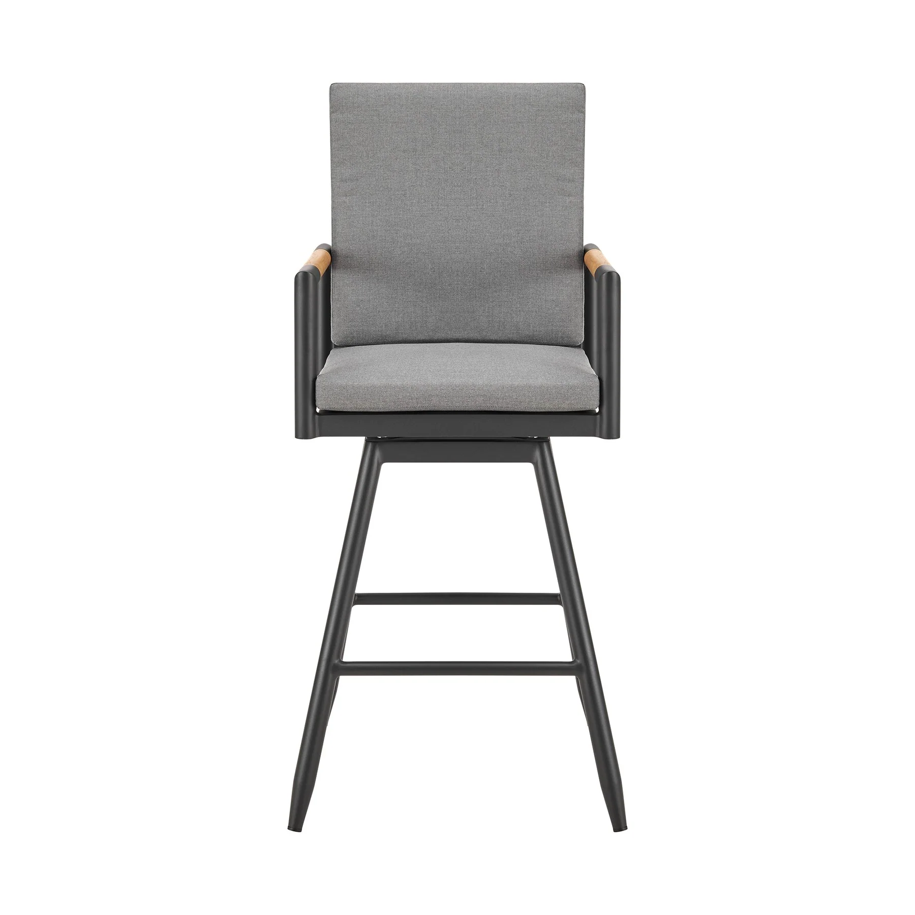 Crown Outdoor Patio Swivel Bar Stool in Black Aluminum with Wood Accent and Dark Gray Cushions - Image 2