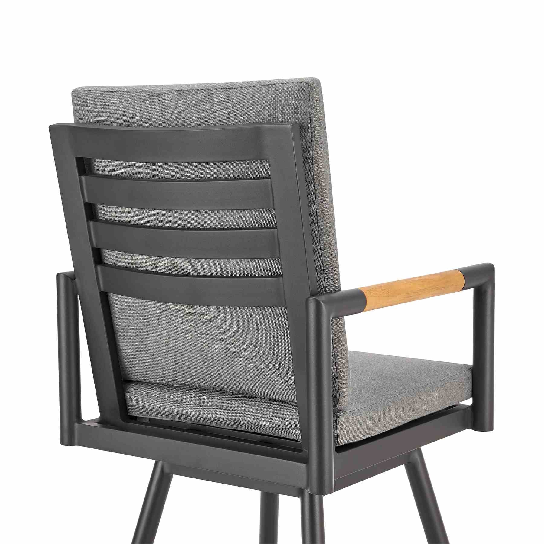 Crown Outdoor Patio Swivel Bar Stool in Black Aluminum with Wood Accent and Dark Gray Cushions - Image 5