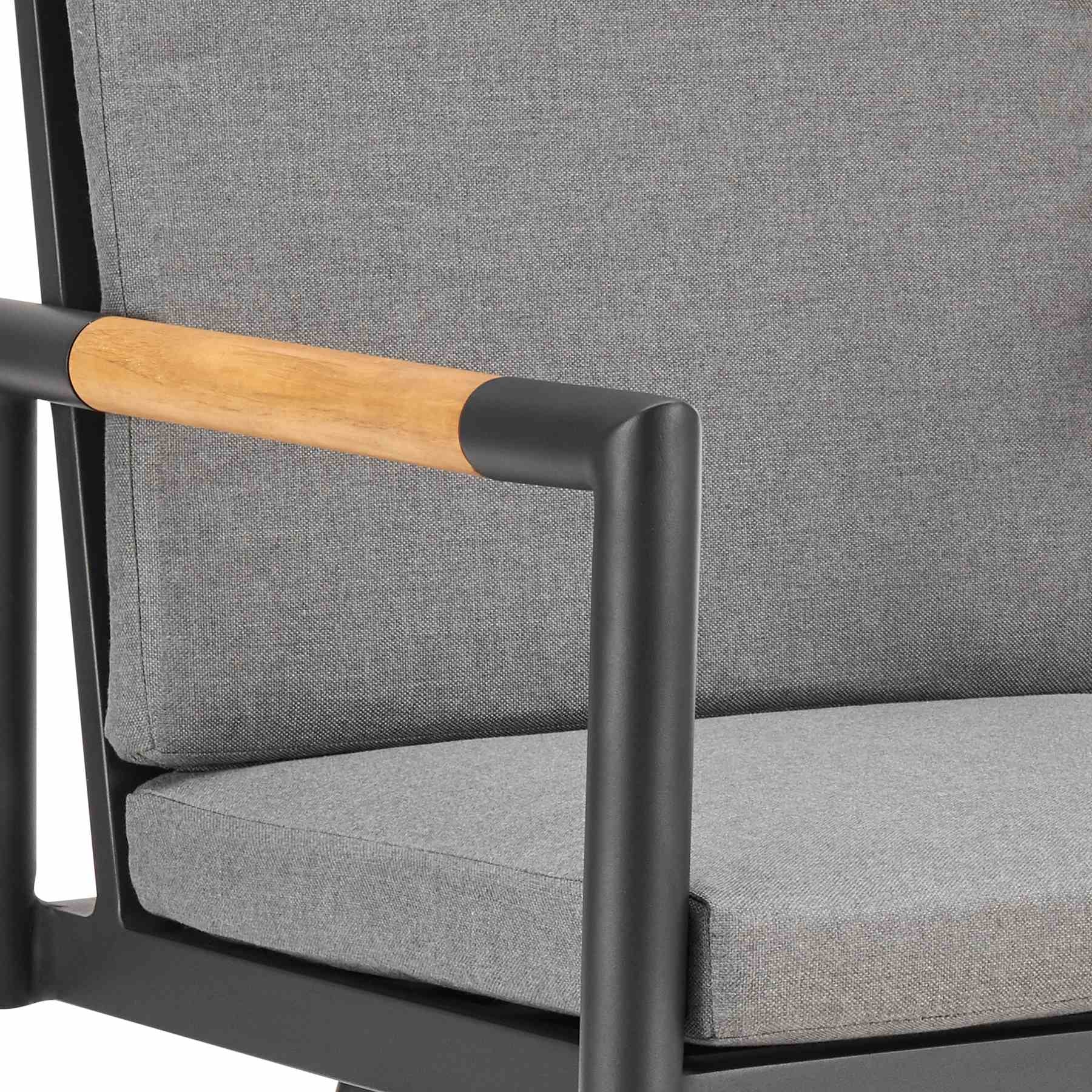 Crown Outdoor Patio Swivel Bar Stool in Black Aluminum with Wood Accent and Dark Gray Cushions - Image 6