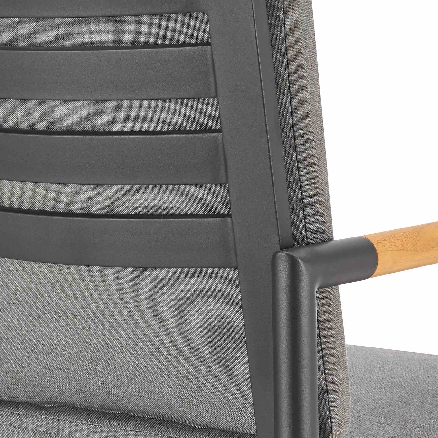 Crown Outdoor Patio Swivel Bar Stool in Black Aluminum with Wood Accent and Dark Gray Cushions - Image 7