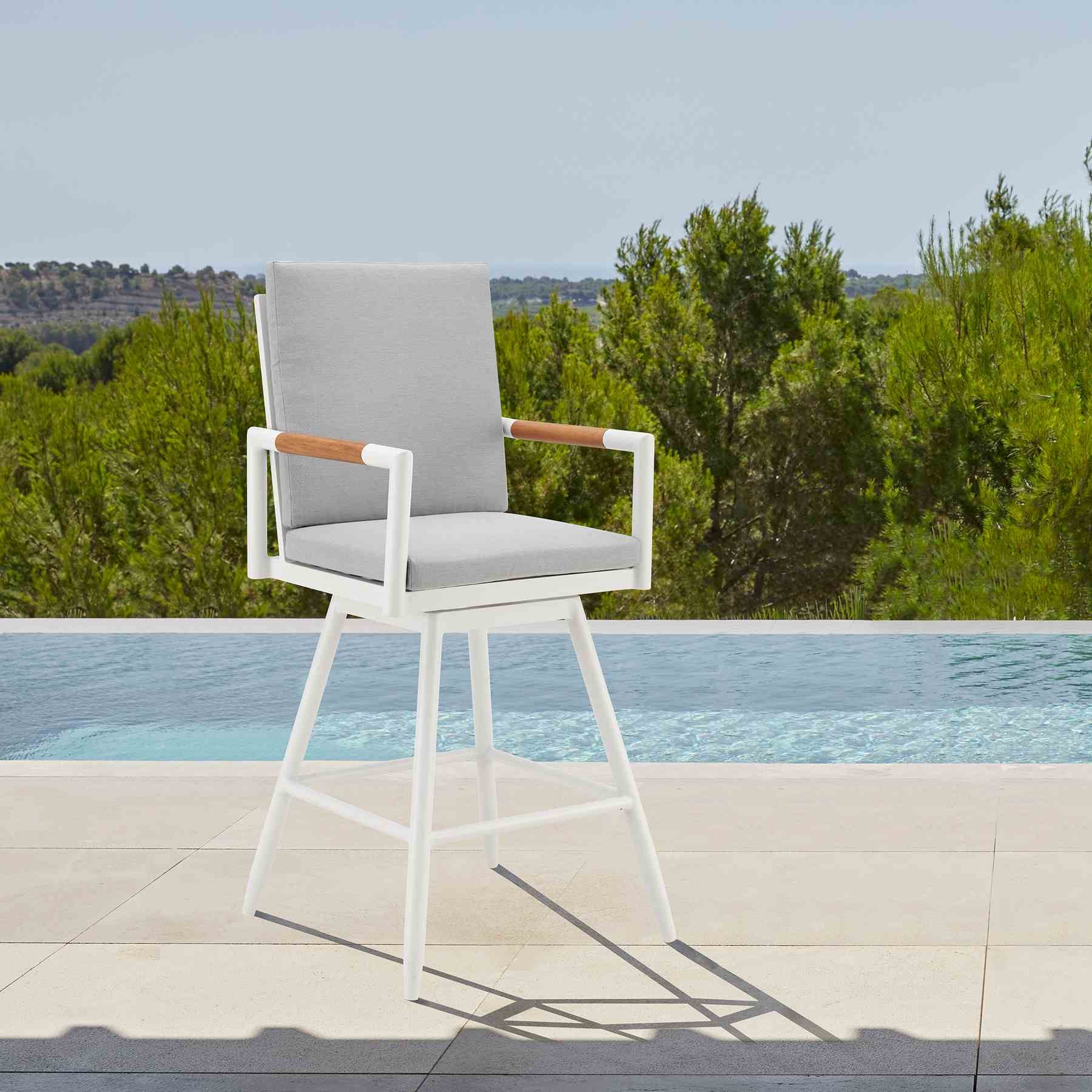 Crown Outdoor Patio Swivel Bar Stool in White Aluminum with Wood Accent and Light Gray Cushions - Image 10
