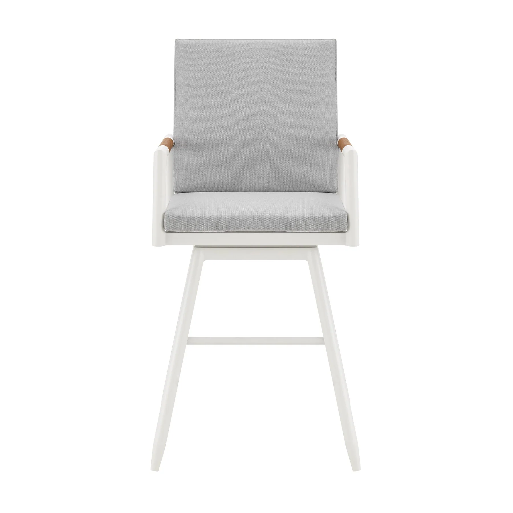 Crown Outdoor Patio Swivel Bar Stool in White Aluminum with Wood Accent and Light Gray Cushions - Image 2