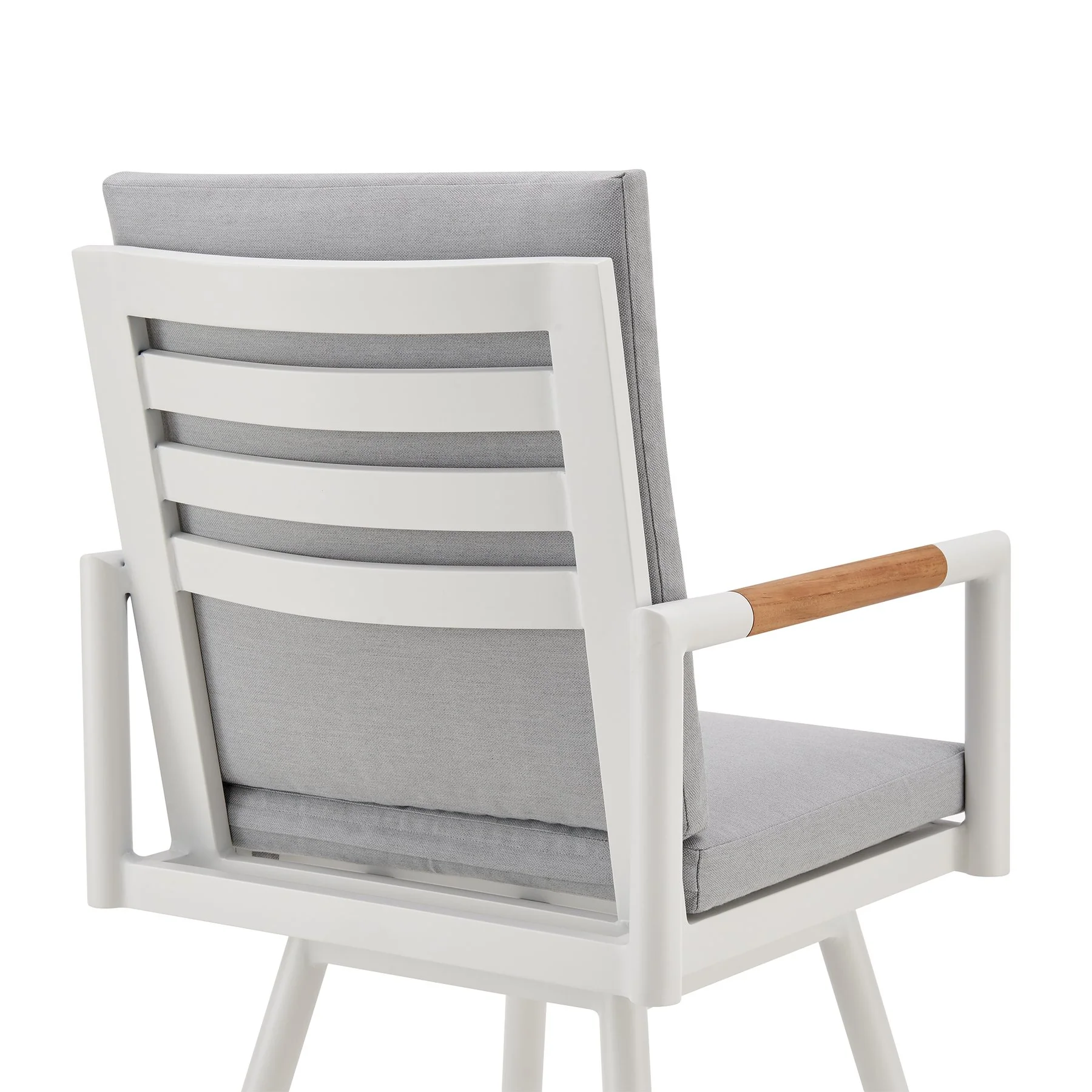 Crown Outdoor Patio Swivel Bar Stool in White Aluminum with Wood Accent and Light Gray Cushions - Image 5