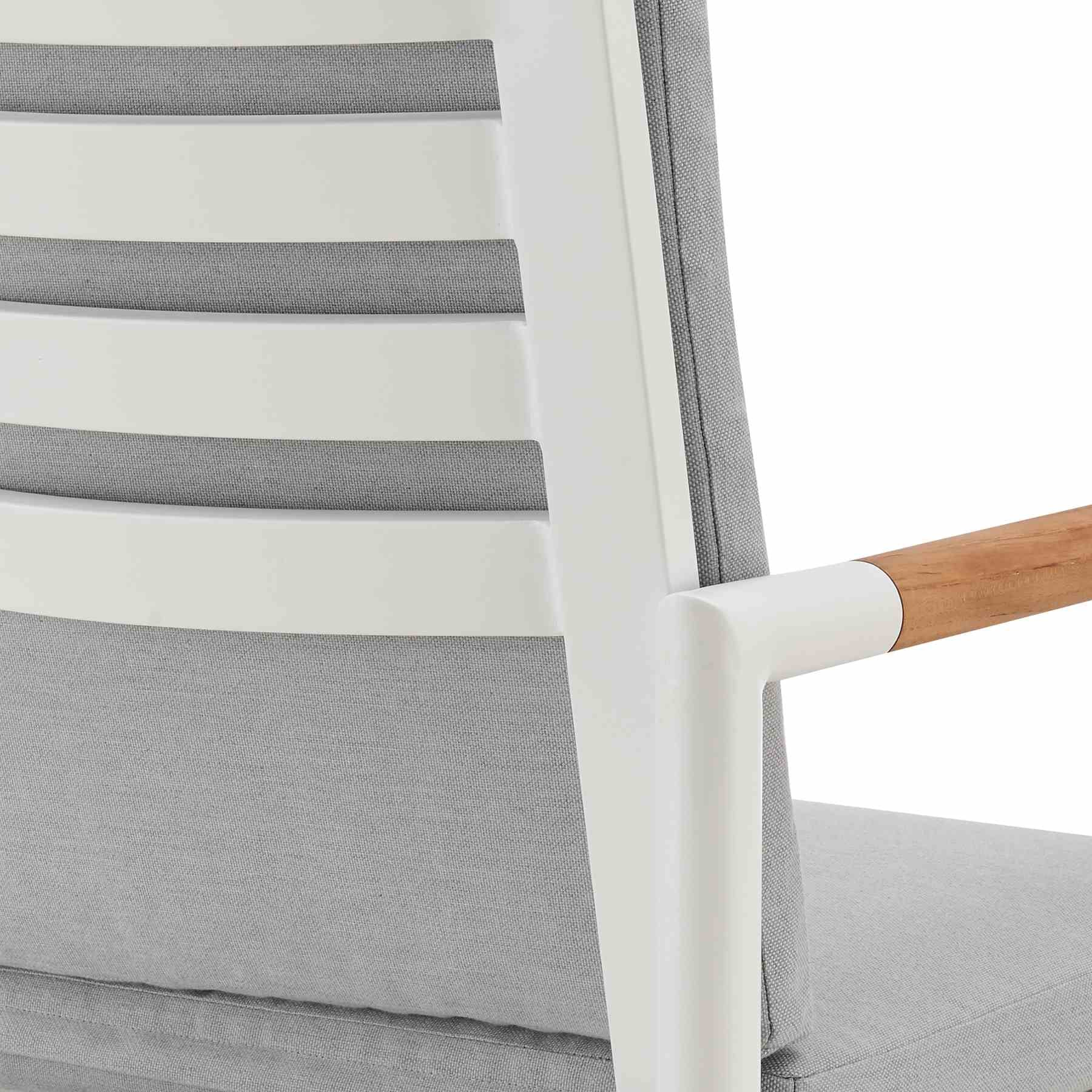 Crown Outdoor Patio Swivel Bar Stool in White Aluminum with Wood Accent and Light Gray Cushions - Image 7