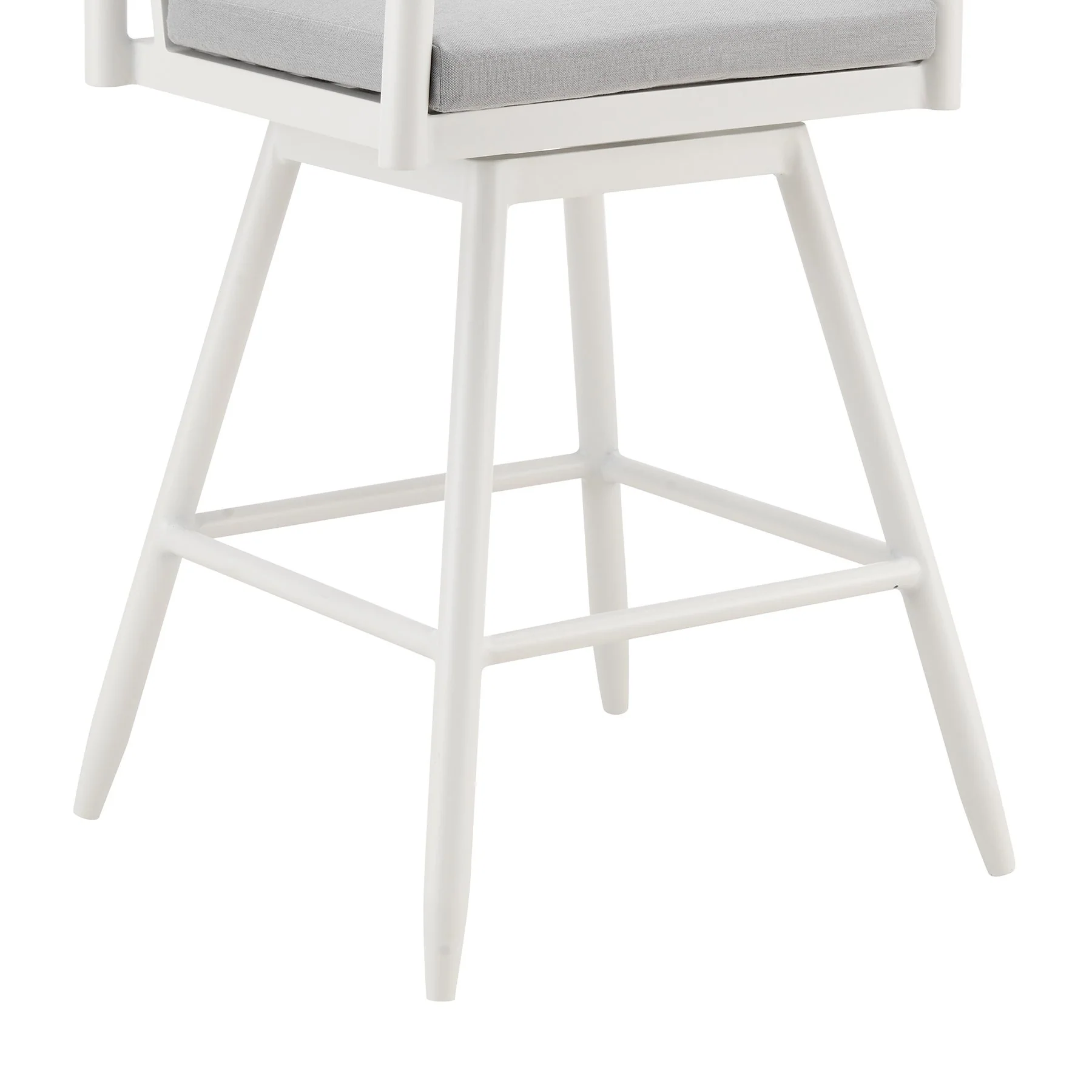Crown Outdoor Patio Swivel Bar Stool in White Aluminum with Wood Accent and Light Gray Cushions - Image 8