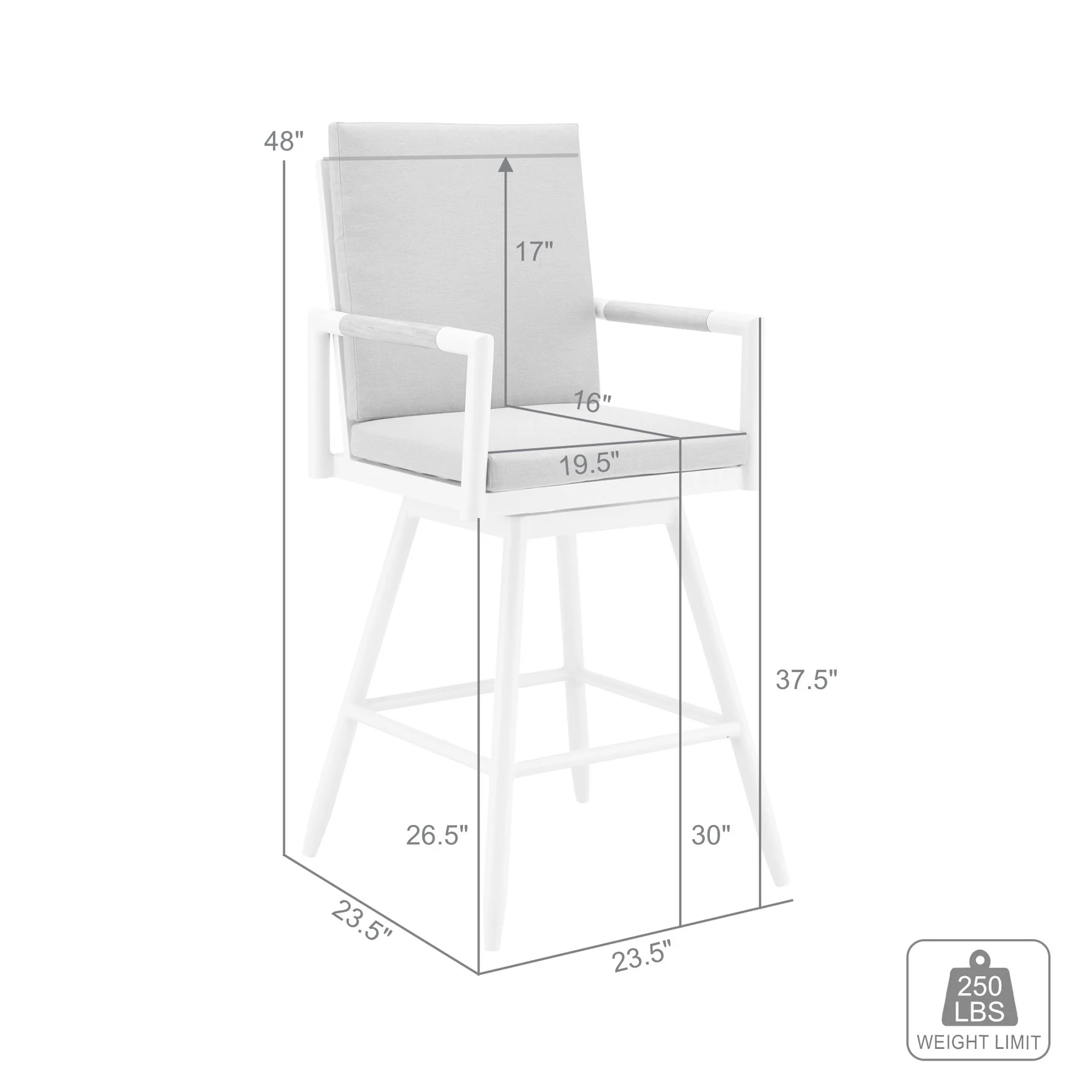 Crown Outdoor Patio Swivel Bar Stool in White Aluminum with Wood Accent and Light Gray Cushions - Image 9