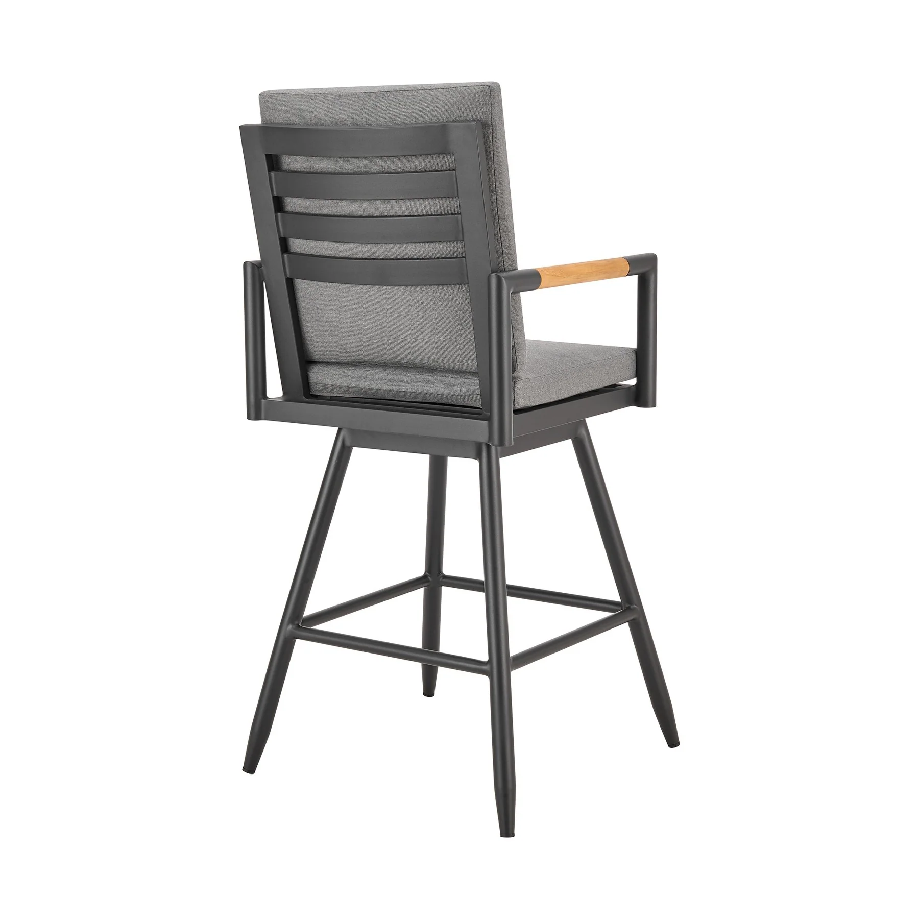 Crown Outdoor Patio Swivel Counter Stool in Black Aluminum with Wood Accent and Dark Gray Cushions - Image 3