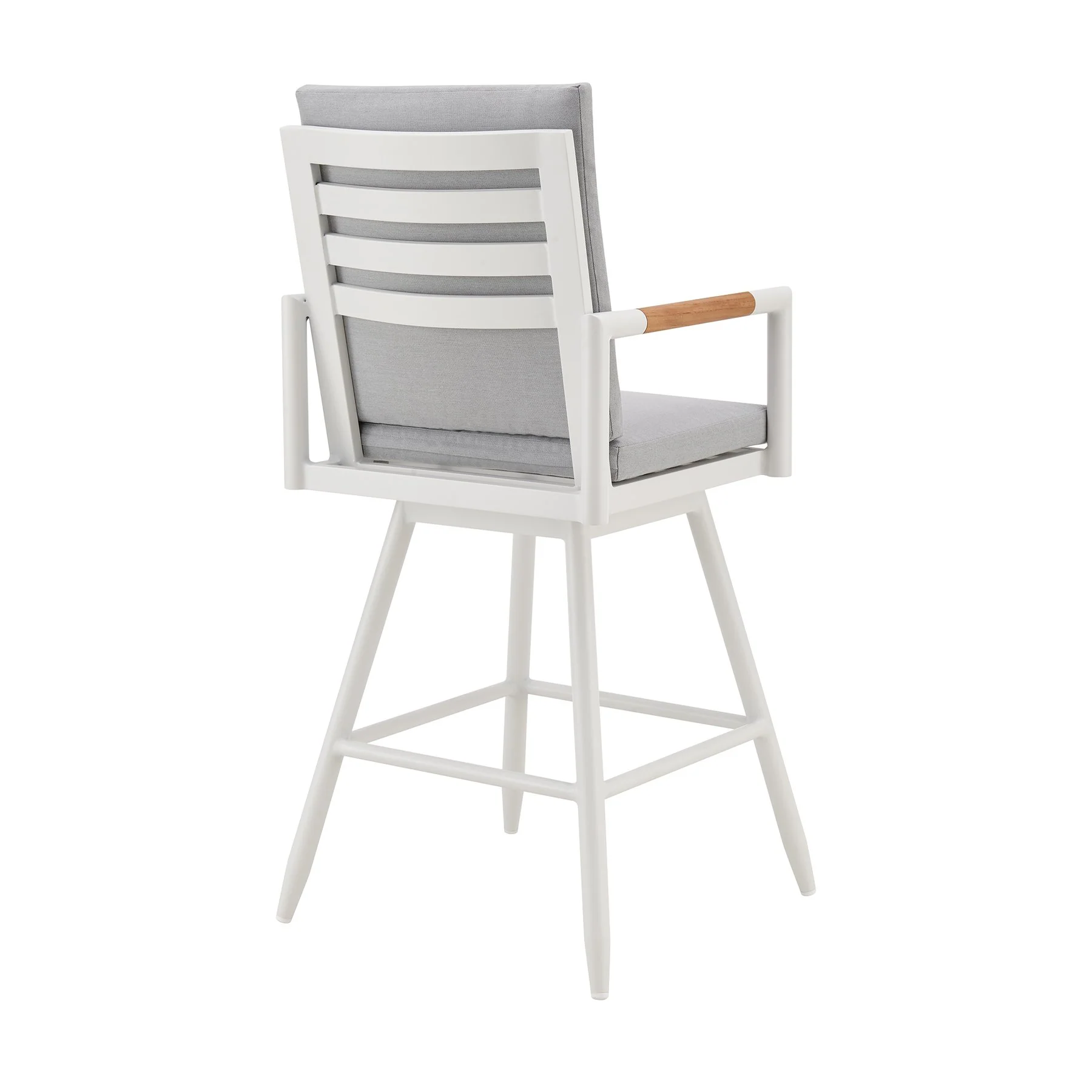 Crown Outdoor Patio Swivel Counter Stool in White Aluminum with Wood Accent and Light Gray Cushions - Image 3
