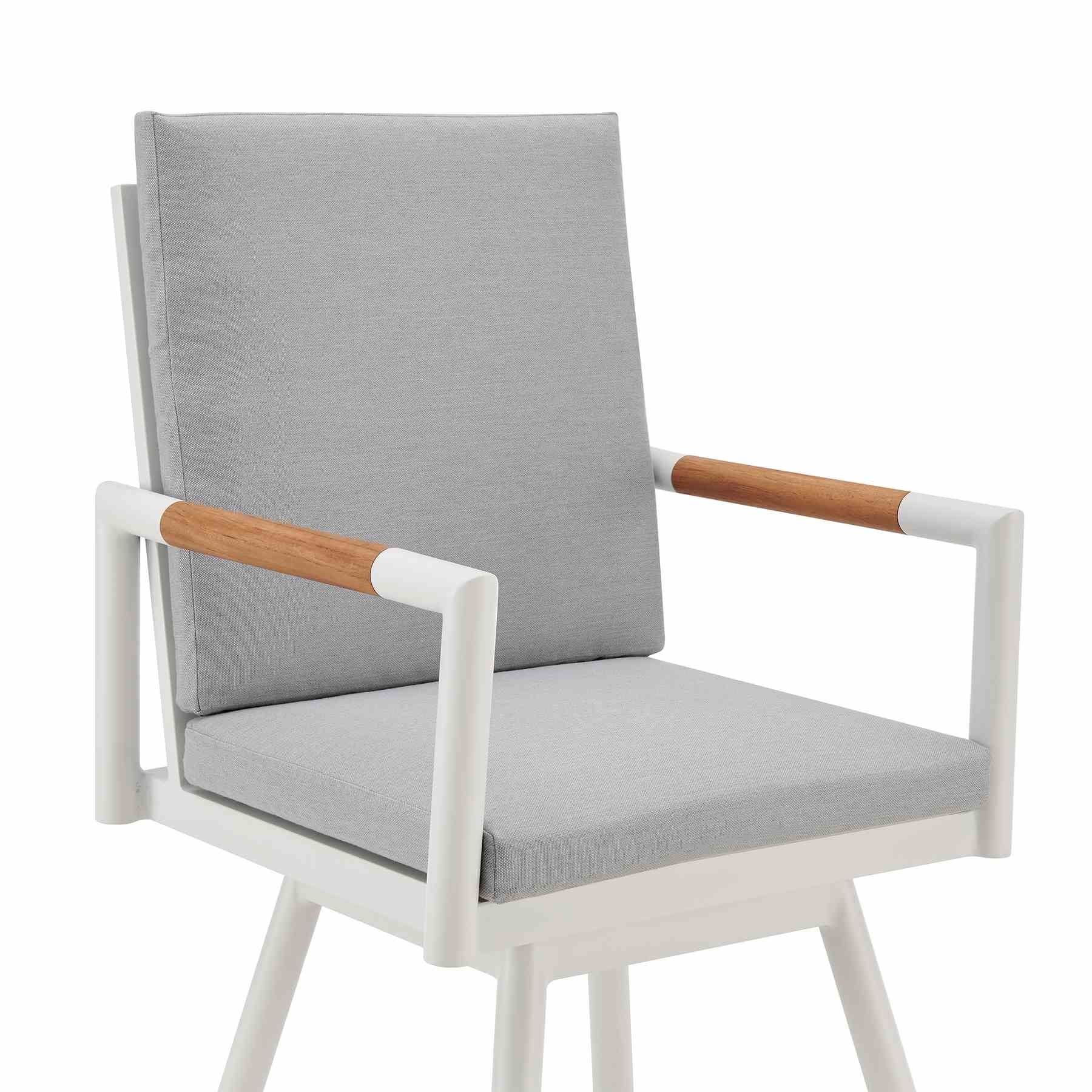 Crown Outdoor Patio Swivel Counter Stool in White Aluminum with Wood Accent and Light Gray Cushions - Image 4