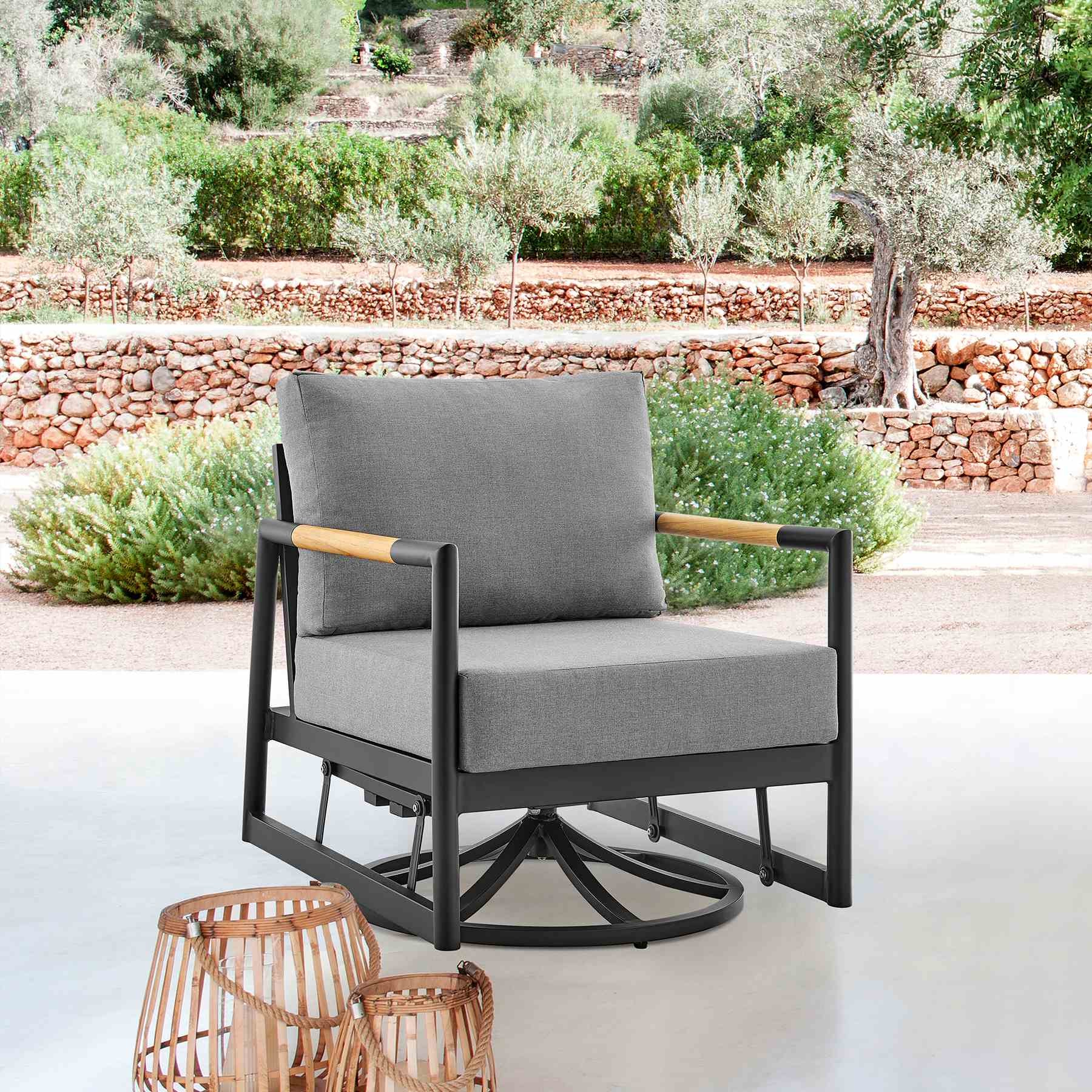 Crown Outdoor Patio Swivel Glider Lounge Chair in Black Aluminum and Teak Wood with Cushions - Image 10