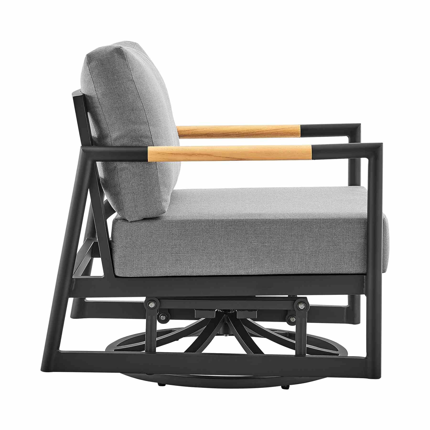 Crown Outdoor Patio Swivel Glider Lounge Chair in Black Aluminum and Teak Wood with Cushions - Image 3