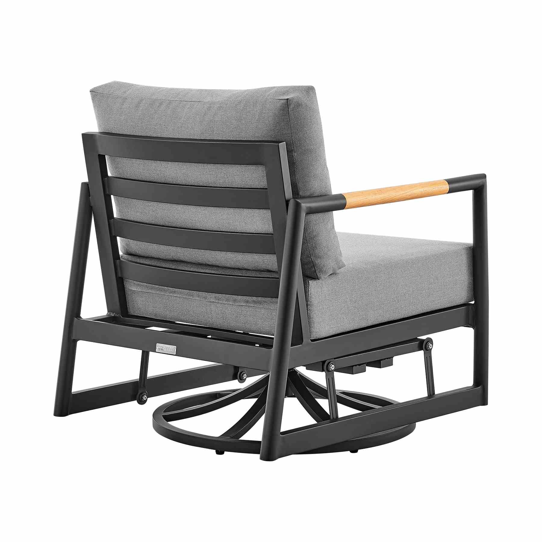 Crown Outdoor Patio Swivel Glider Lounge Chair in Black Aluminum and Teak Wood with Cushions - Image 4