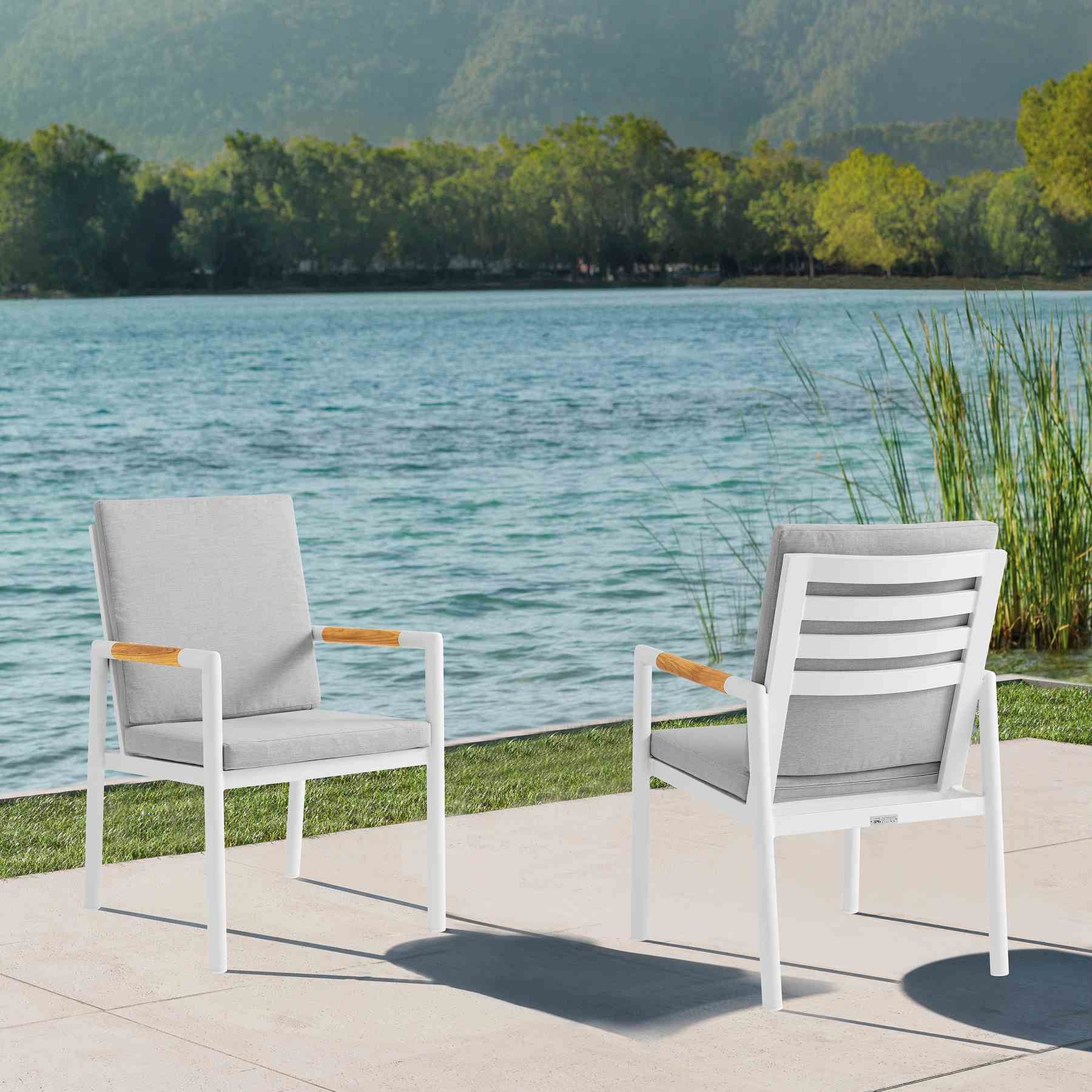 Crown White Aluminum and Teak Outdoor Dining Chair with Light Gray Fabric - Set of 2 - Image 9