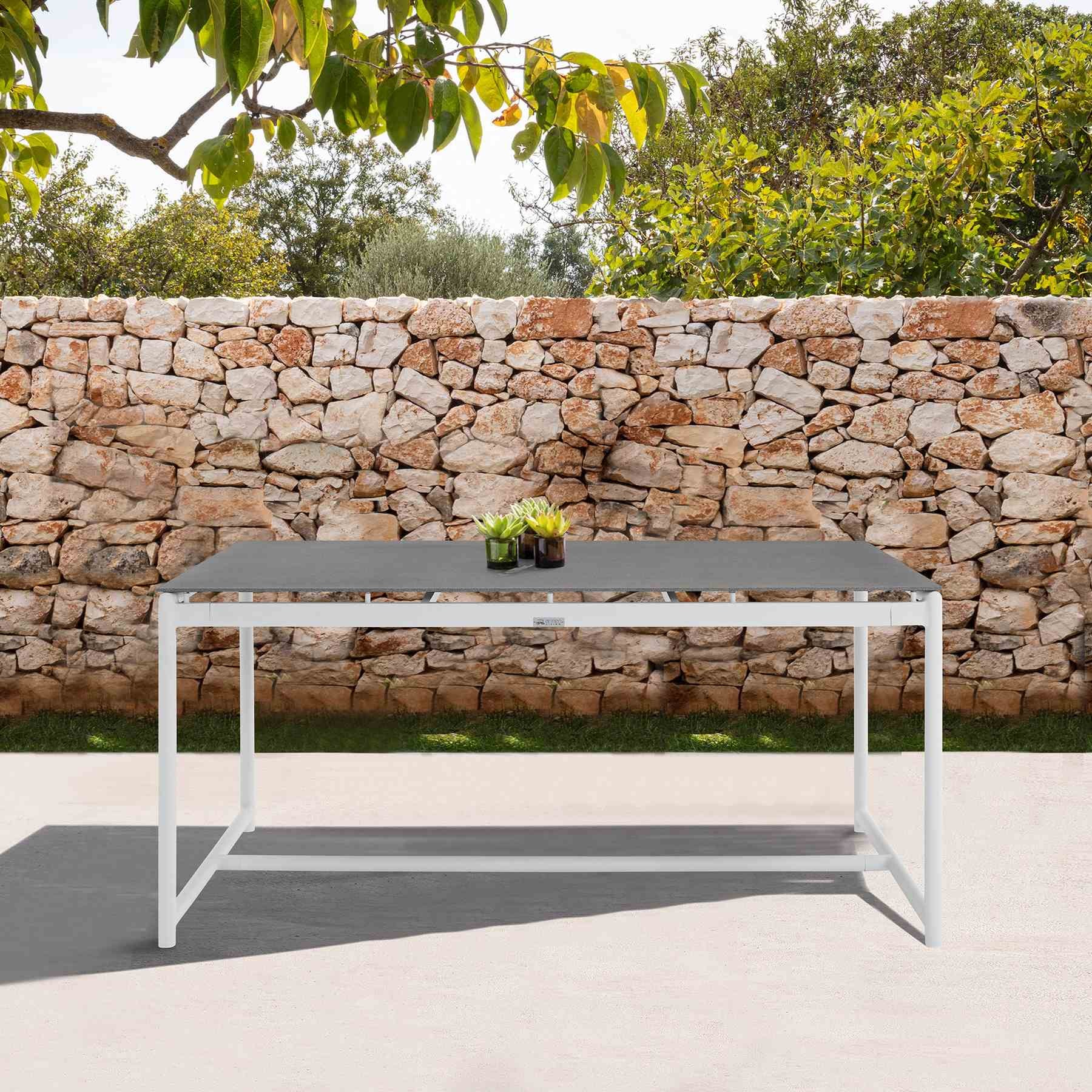 Crown White Aluminum and Teak Outdoor Dining Table with Stone Top - Image 7