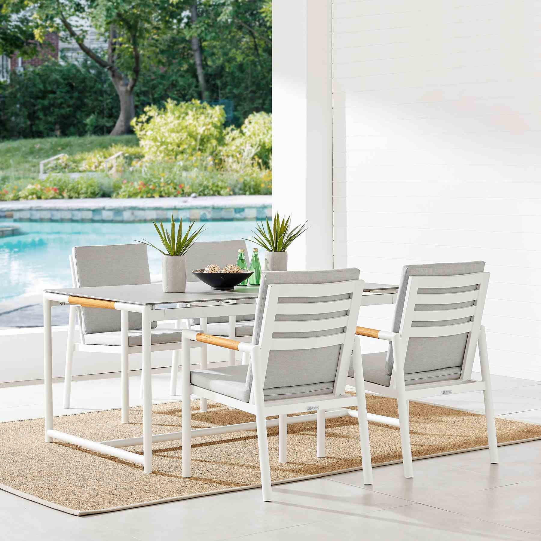 Crown White Aluminum and Teak Outdoor Dining Table with Stone Top - Image 8