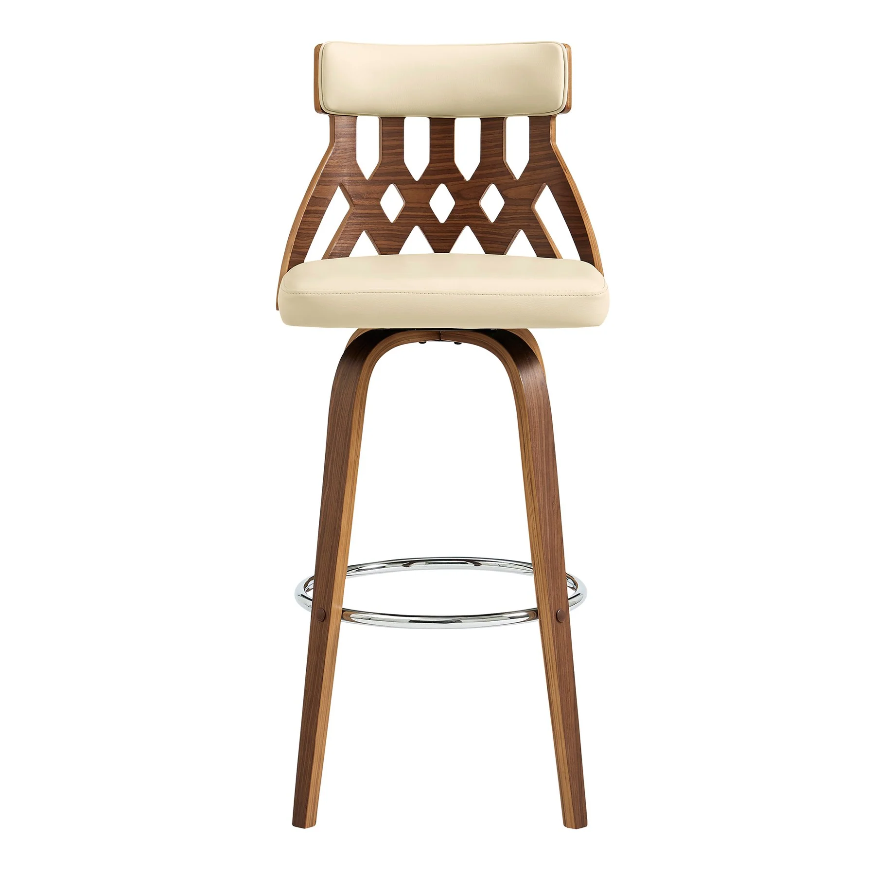Crux 26" Swivel Bar Stool in Cream Faux Leather and Walnut Wood - Image 2