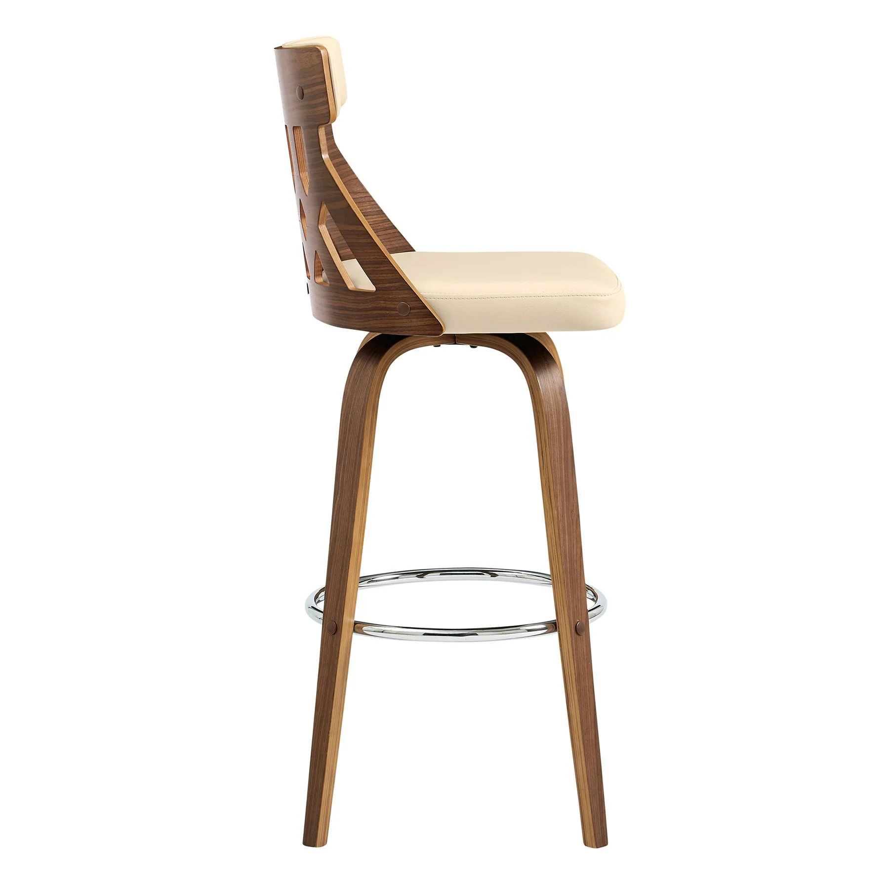 Crux 26" Swivel Bar Stool in Cream Faux Leather and Walnut Wood - Image 3