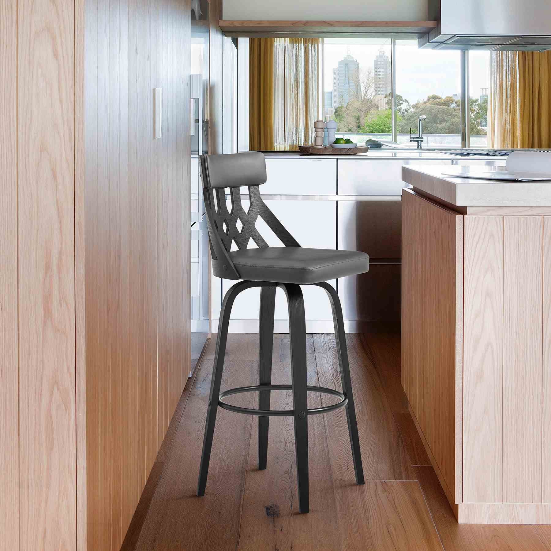 Crux 26" Swivel Counter Stool in Gray Faux Leather and Black Wood - Image 9