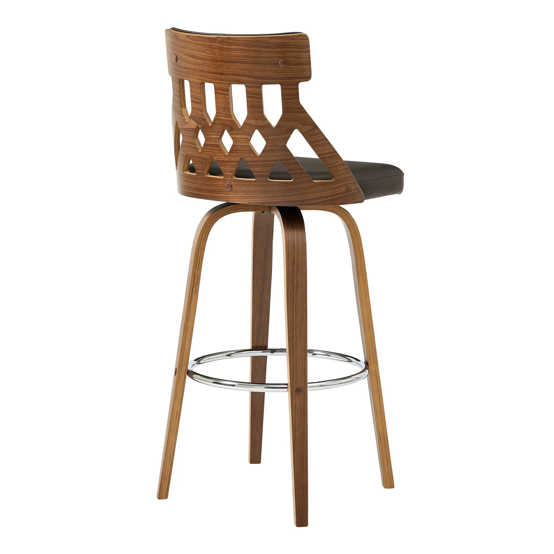 Crux 30" Swivel Bar Stool in Brown Faux Leather and Walnut Wood - Image 4