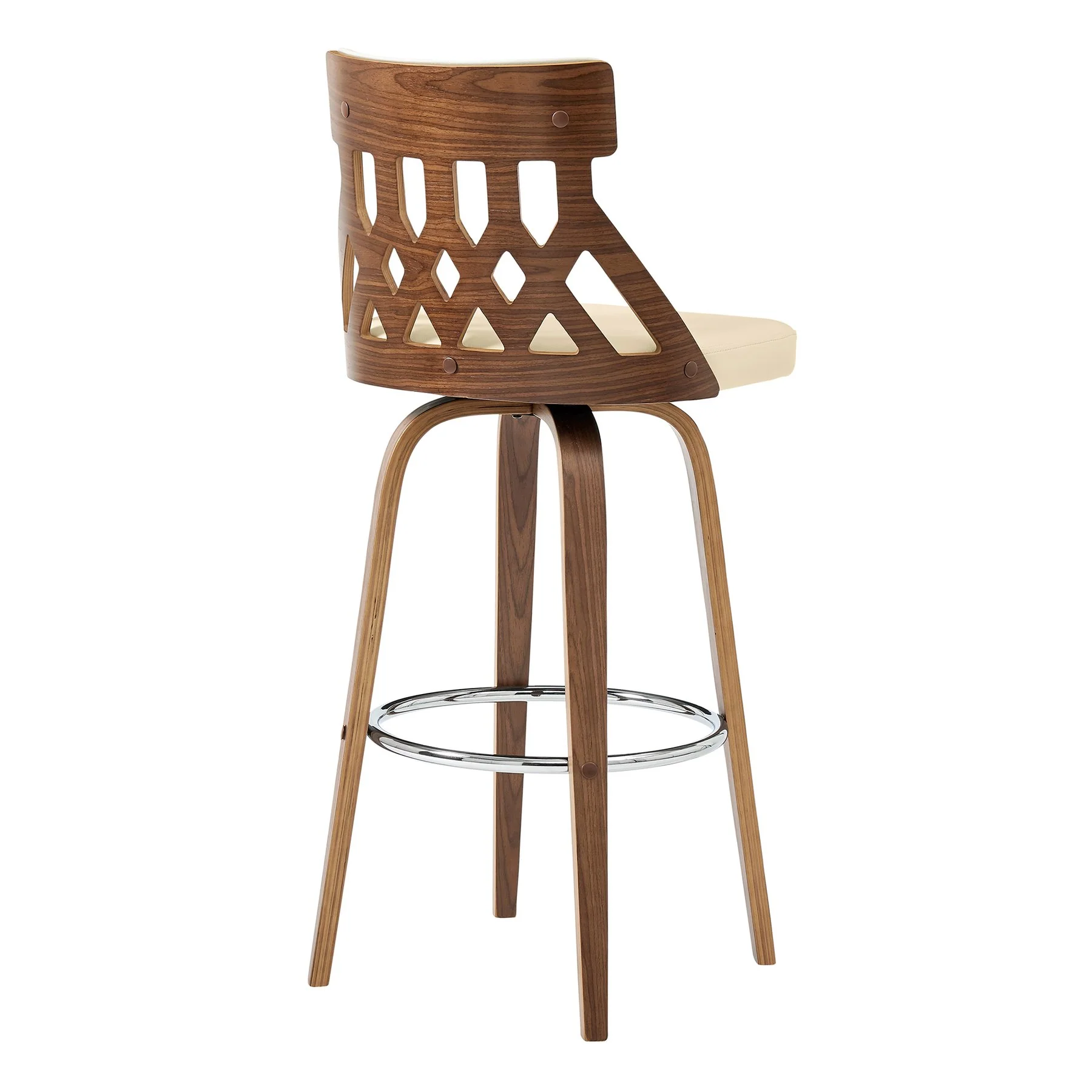 Crux 30" Swivel Bar Stool in Cream Faux Leather and Walnut Wood - Image 4