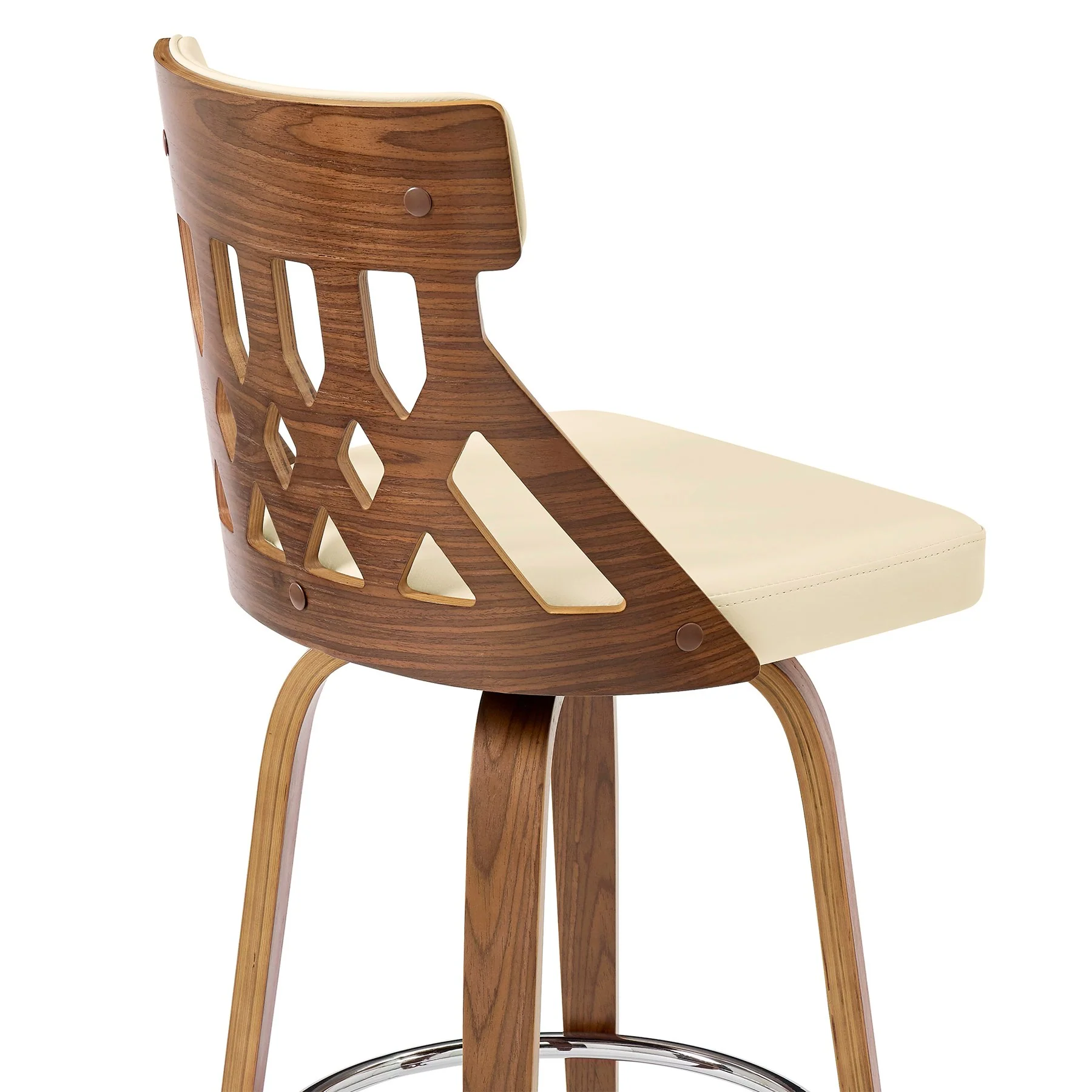 Crux 30" Swivel Bar Stool in Cream Faux Leather and Walnut Wood - Image 7