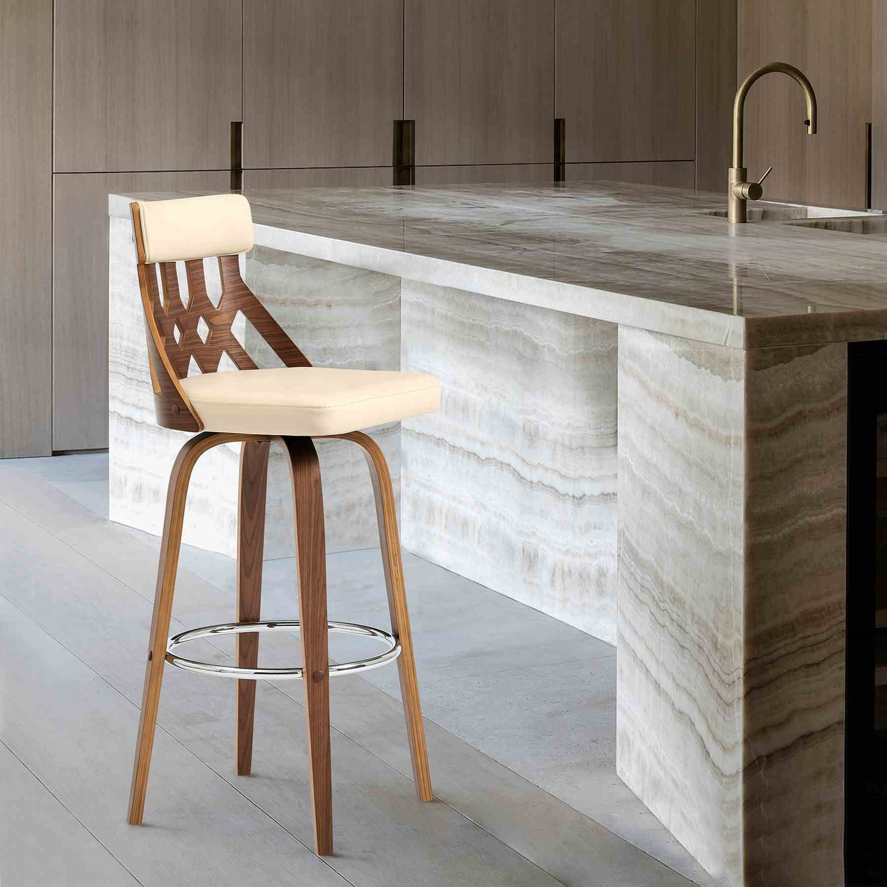 Crux 30" Swivel Bar Stool in Cream Faux Leather and Walnut Wood - Image 9
