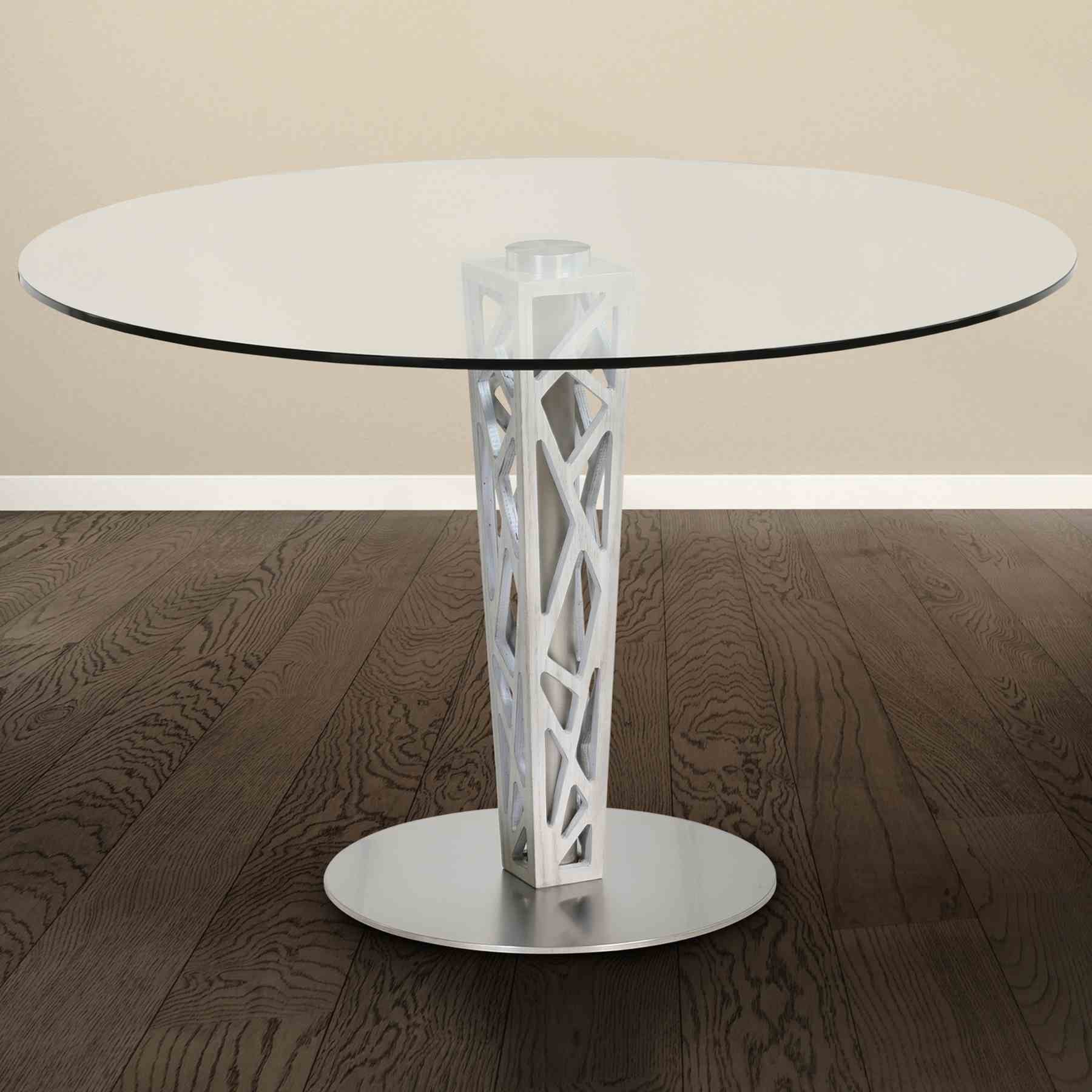 Crystal 48" Round Dining Table in Gray Walnut Veneer column and Brushed Stainless Steel finish with Clear Tempered Glass Top - Image 2