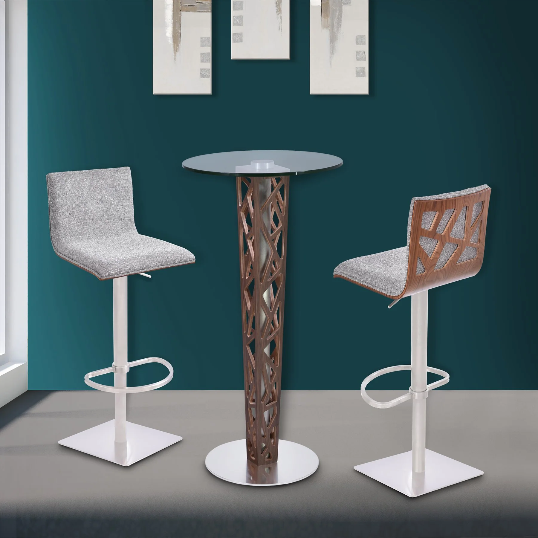 Crystal Bar Table with Walnut Veneer column and Brushed Stainless Steel finish with Clear Tempered Glass Top - Image 5