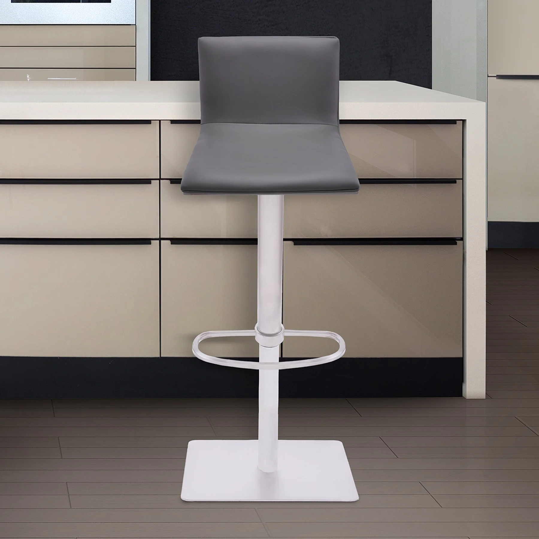 Crystal Barstool in Brushed Stainless Steel finish with Gray Faux Leather and Walnut Back - Image 5
