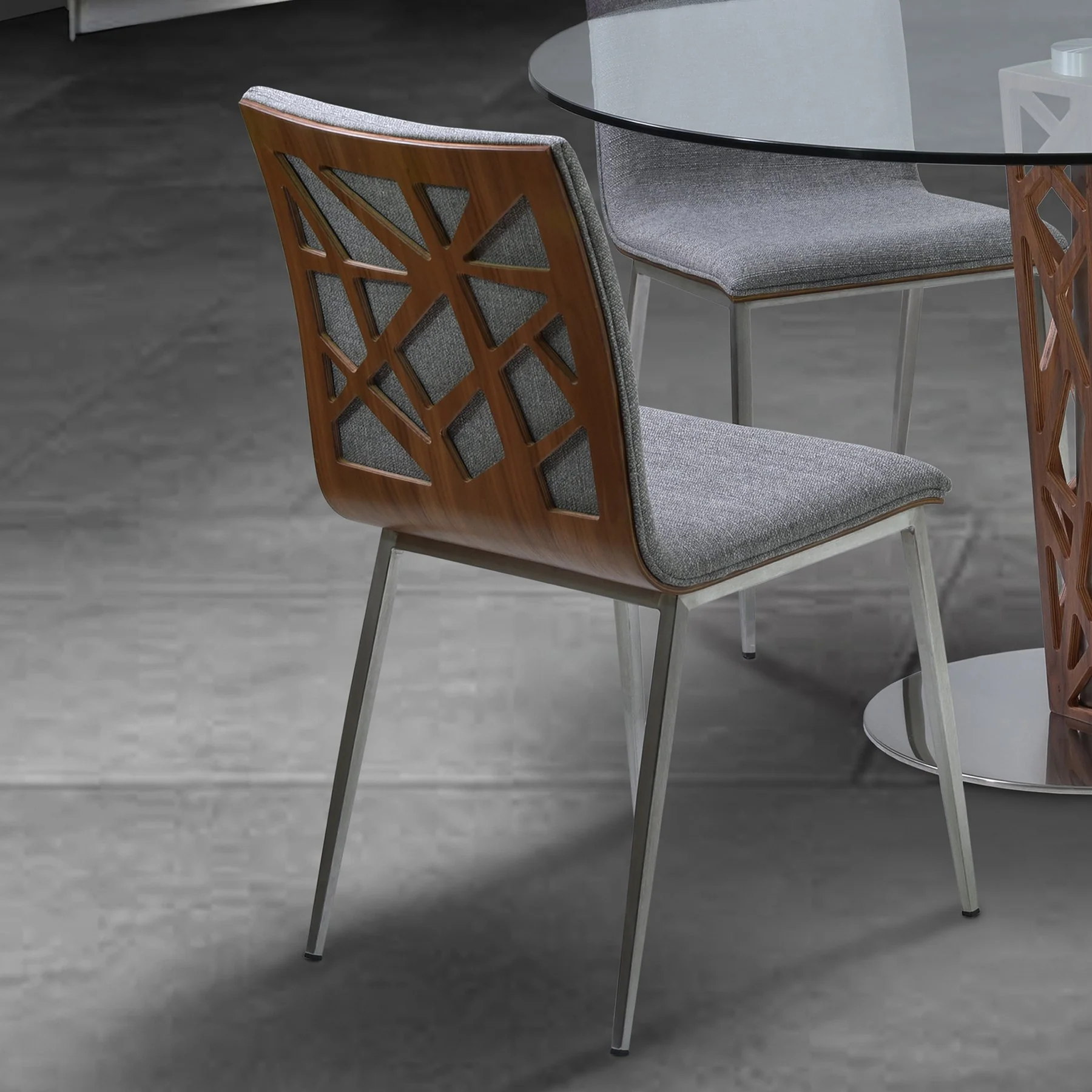 Crystal Dining Chair in Brushed Stainless Steel finish with Gray Fabric and Walnut Back - Set of 2 - Image 5