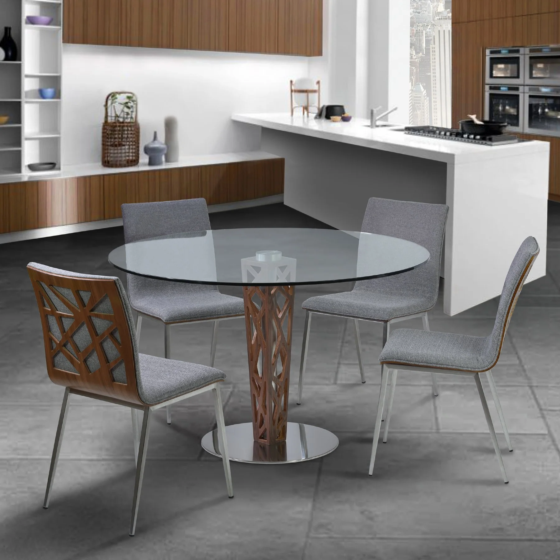 Crystal Dining Chair in Brushed Stainless Steel finish with Gray Fabric and Walnut Back - Set of 2 - Image 6