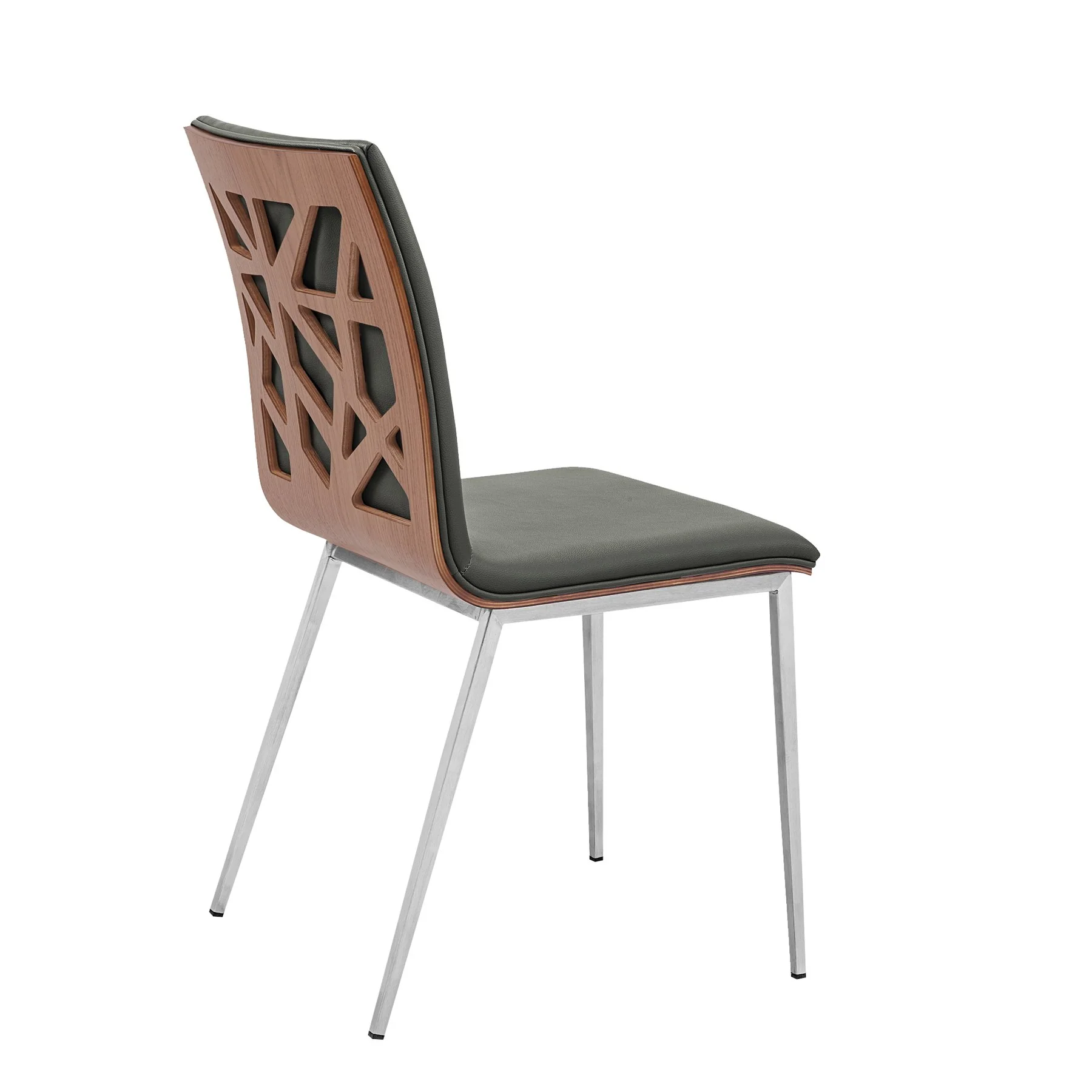 Crystal Dining Chair in Brushed Stainless Steel finish with Gray Faux Leather and Walnut Back - Set of 2 - Image 3