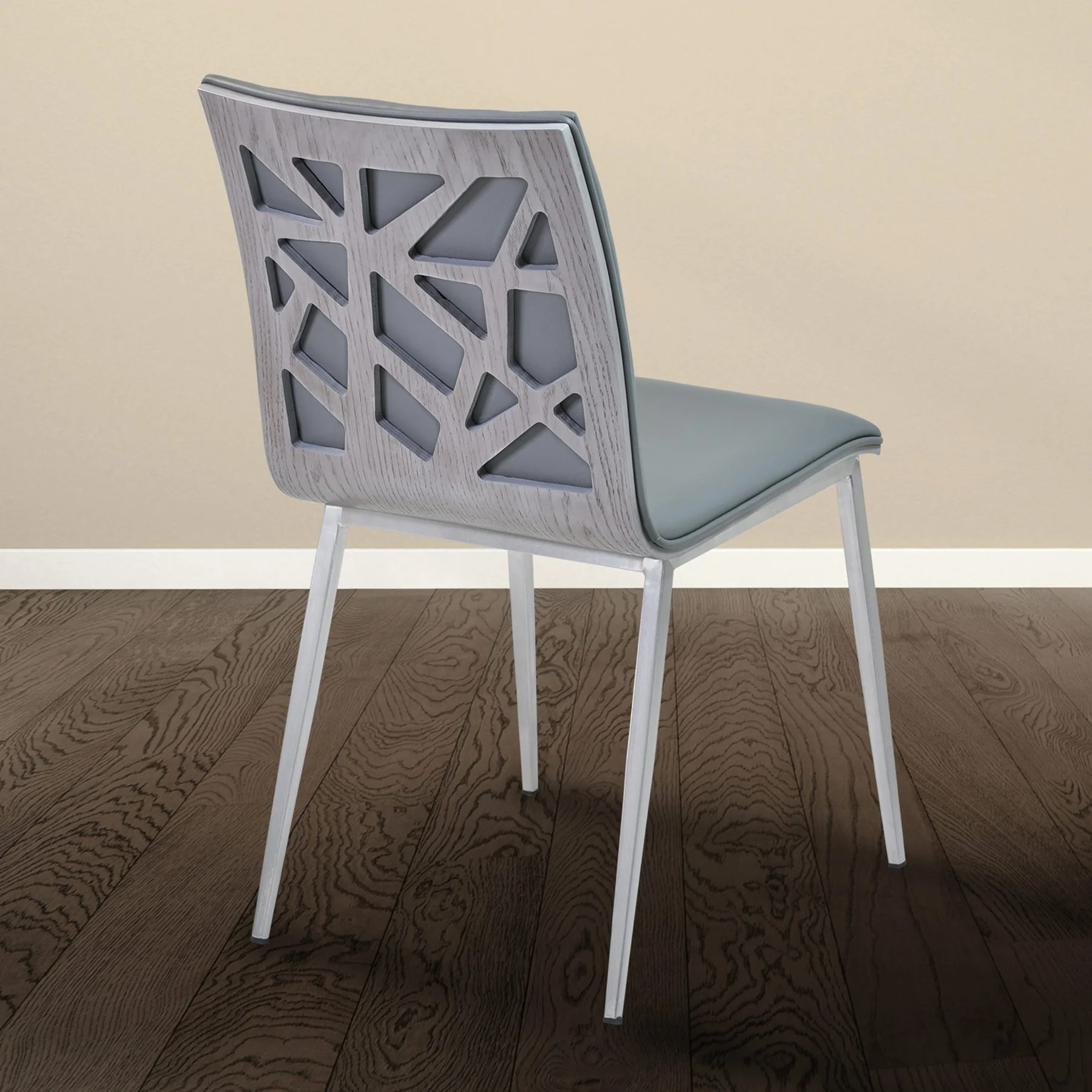 Crystal Dining Chair in Gray Faux Leather with Brushed Stainless Steel Finish and Gray Walnut Veneer Back - Set of 2 - Image 4