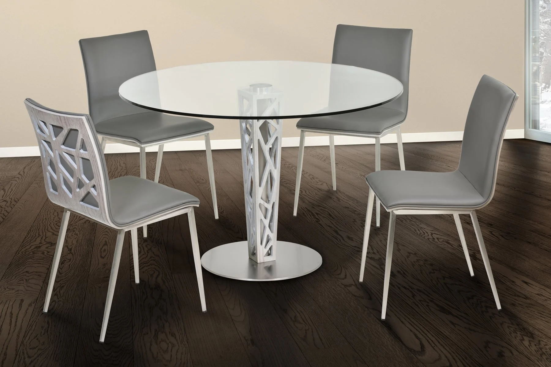 Crystal Dining Chair in Gray Faux Leather with Brushed Stainless Steel Finish and Gray Walnut Veneer Back - Set of 2 - Image 5
