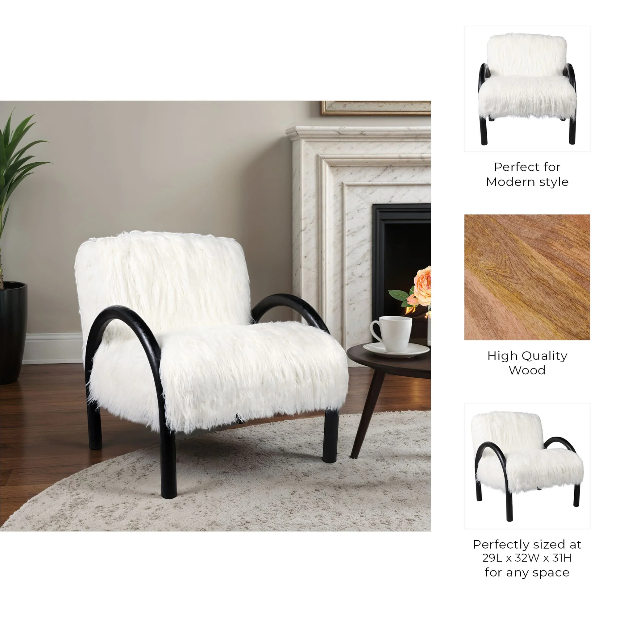 Curved Arm Furry Accent Chair, Ivory - Image 8