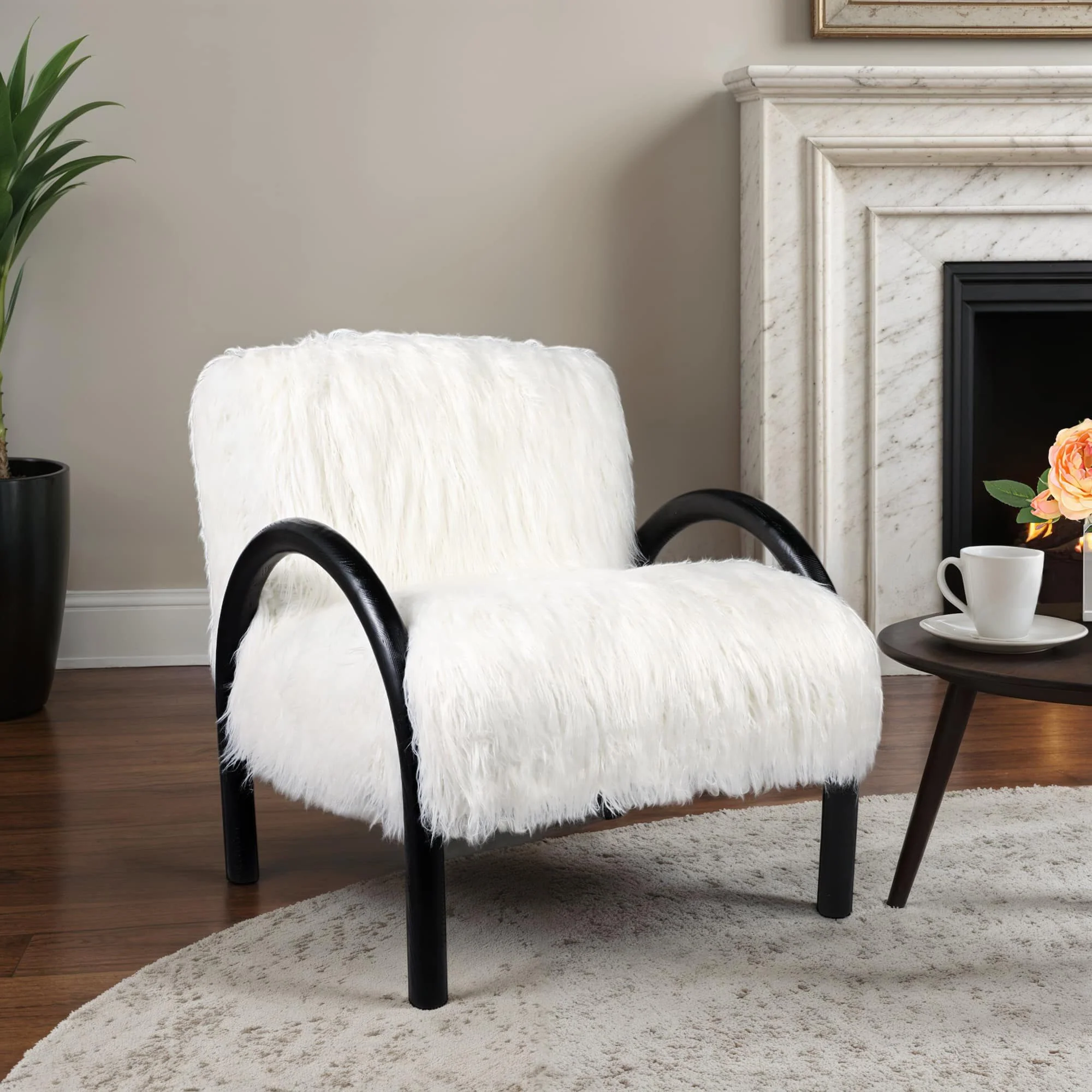 Curved Arm Furry Accent Chair, Ivory - Image 9