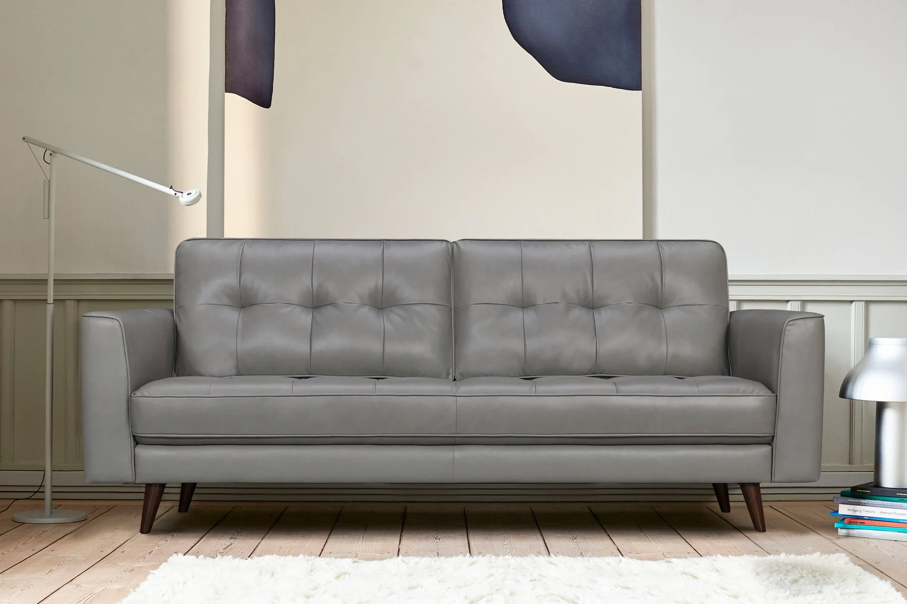 Daeson 86" Mid-Century Modern Gray Genuine Leather Square Arm Sofa - Image 8