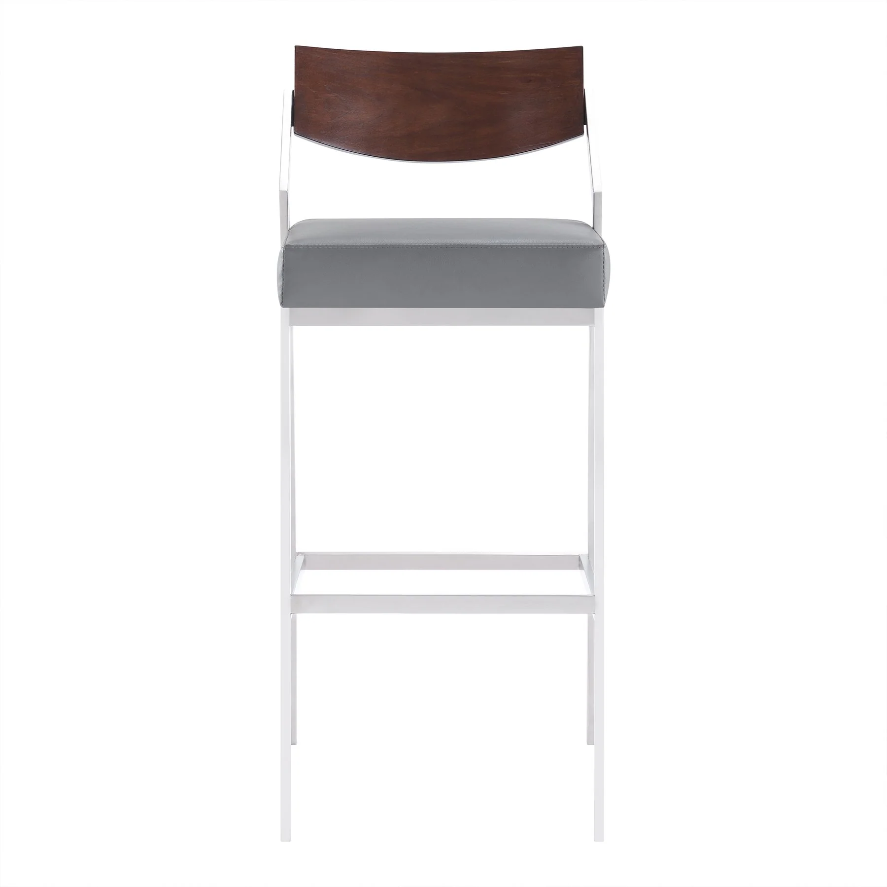 Dakota Mid-Century 30" Counter Height Barstool in Brushed Stainless Steel with Gray Faux Leather and Walnut Wood Finish Back - Image 2