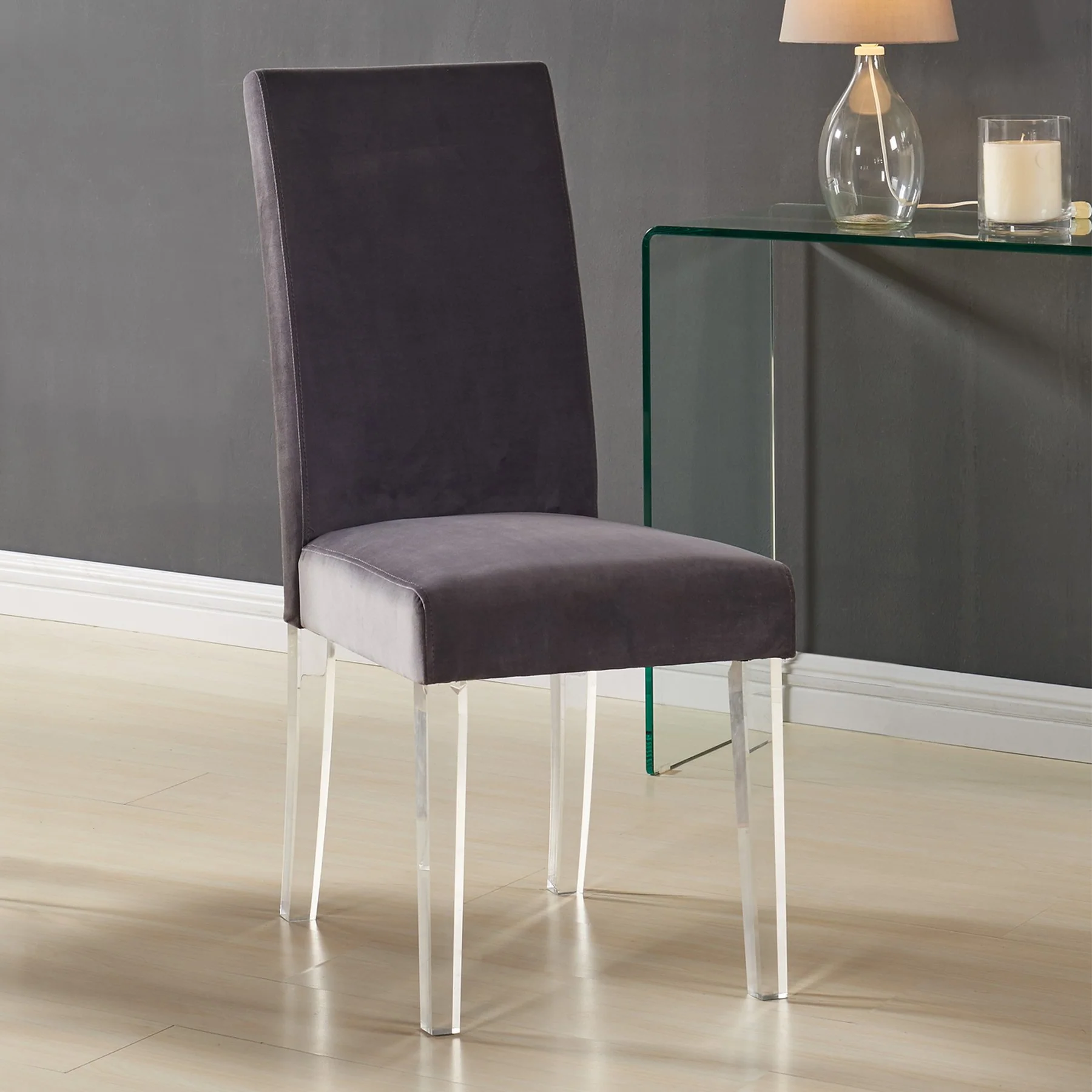 Dalia Modern and Contemporary Dining Chair in Gray Velvet with Acrylic Legs - Set of 2 - Image 2