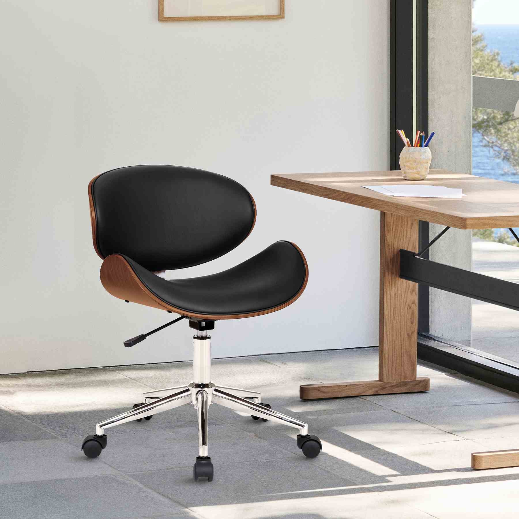 Daphne Modern Office Chair In Chrome Finish with Black Faux Leather And Walnut Veneer Back - Image 4