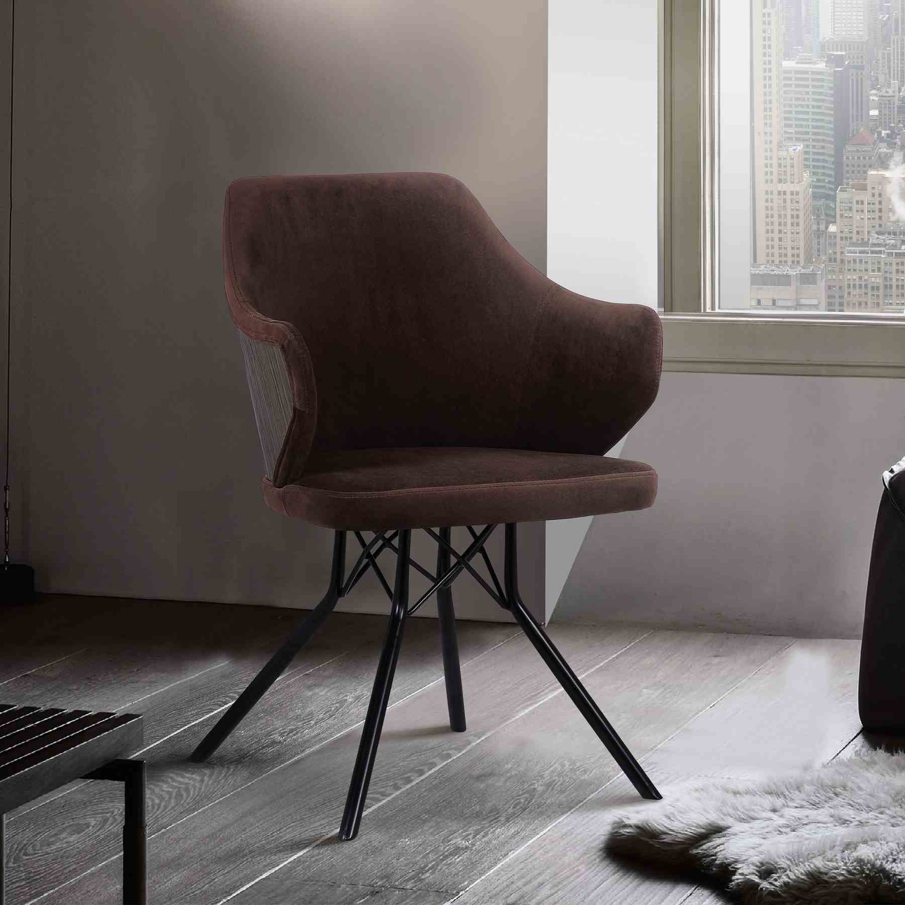 Darcie Mid-Century Dining Chair in Black Powder Coated Finish with Brown Velvet and Walnut Glazed Wood Finish Back - Image 3